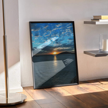 Vertical ocean sunset poster with vibrant sky and calm water, framed wall art.