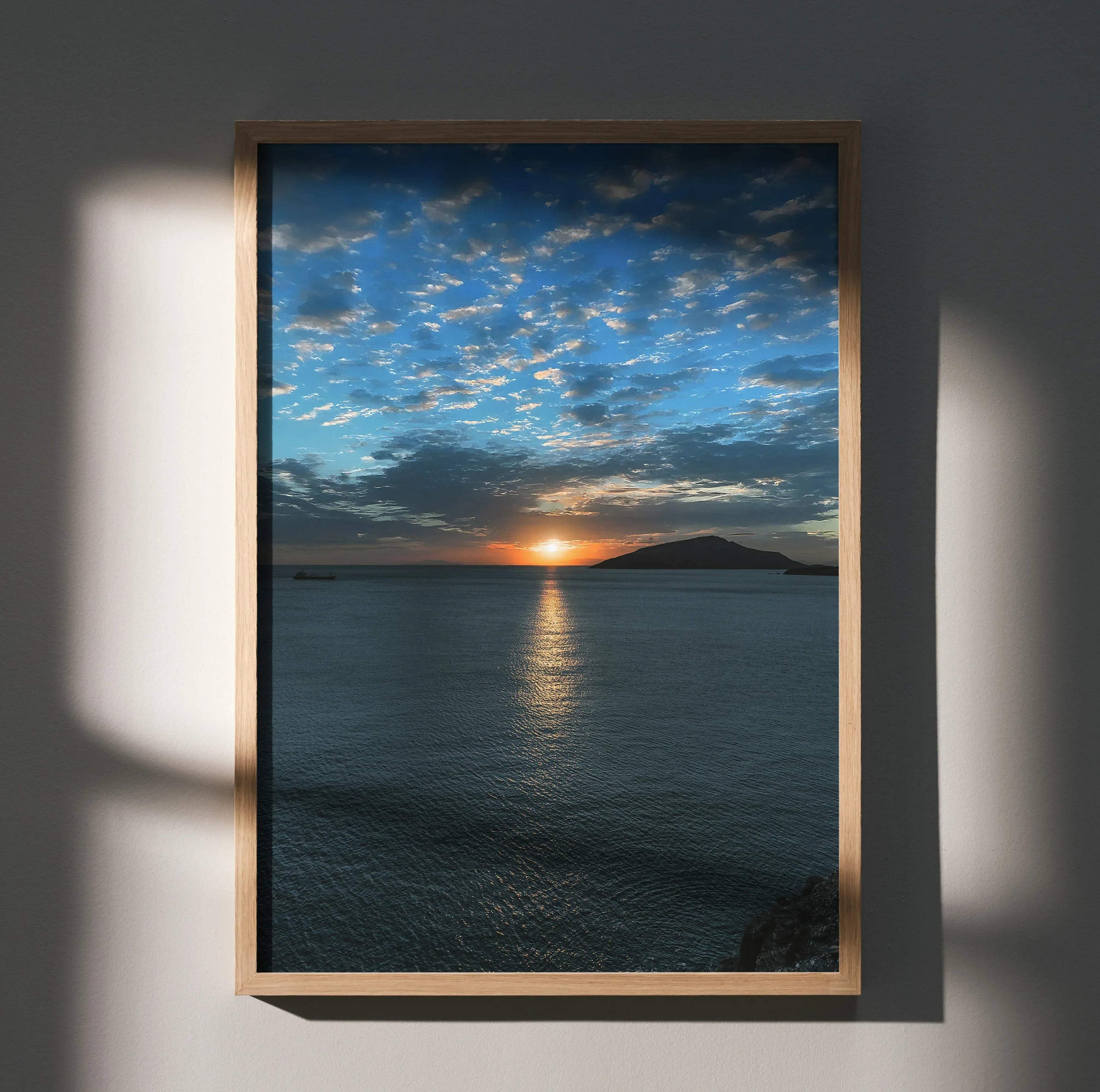 Vertical ocean sunset wall art poster with dramatic clouds and sun reflecting on water.