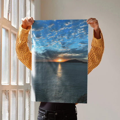 Ocean sunset poster with vibrant orange sun and reflective water, vertical wall art print.