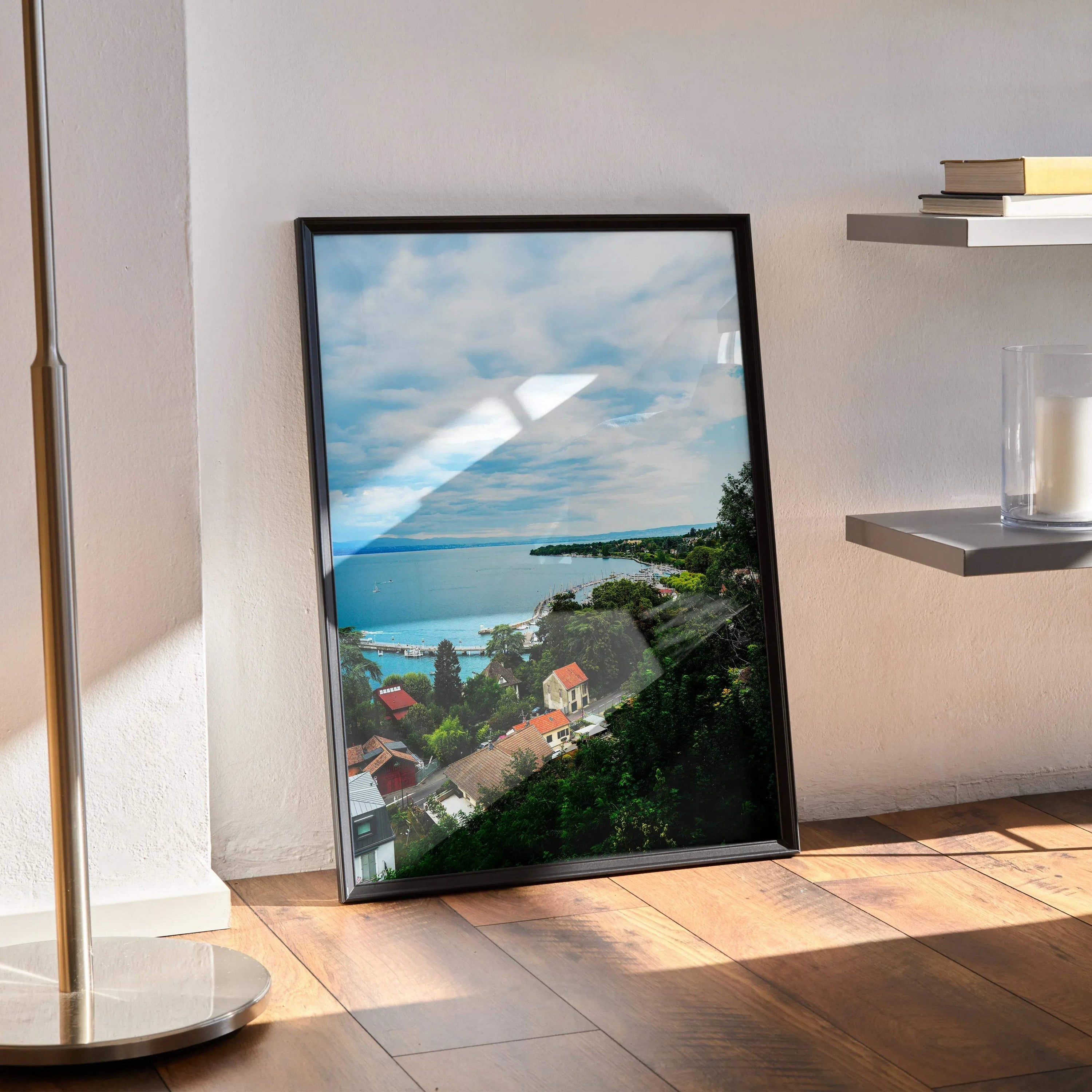 Vertical tranquil nature landscape poster with lake, trees, and houses, framed wall art.