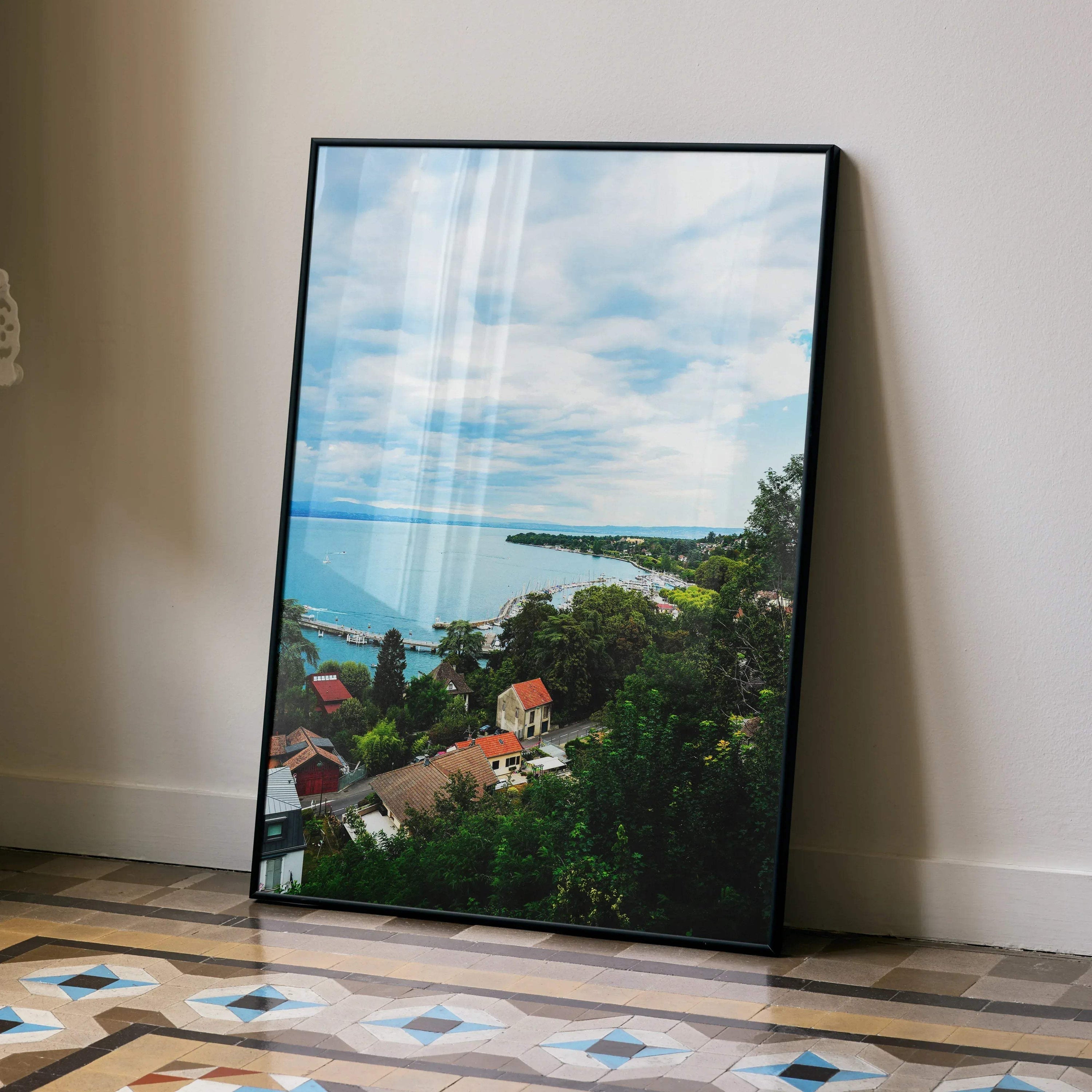 Vertical tranquil nature landscape poster wall art with blue sky and green trees.