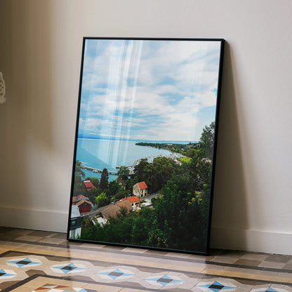 Vertical tranquil nature landscape poster wall art with blue sky and green trees.