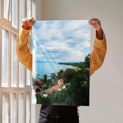Tranquil Nature Landscape vertical wall art poster featuring sky, sea, and coastal greenery.