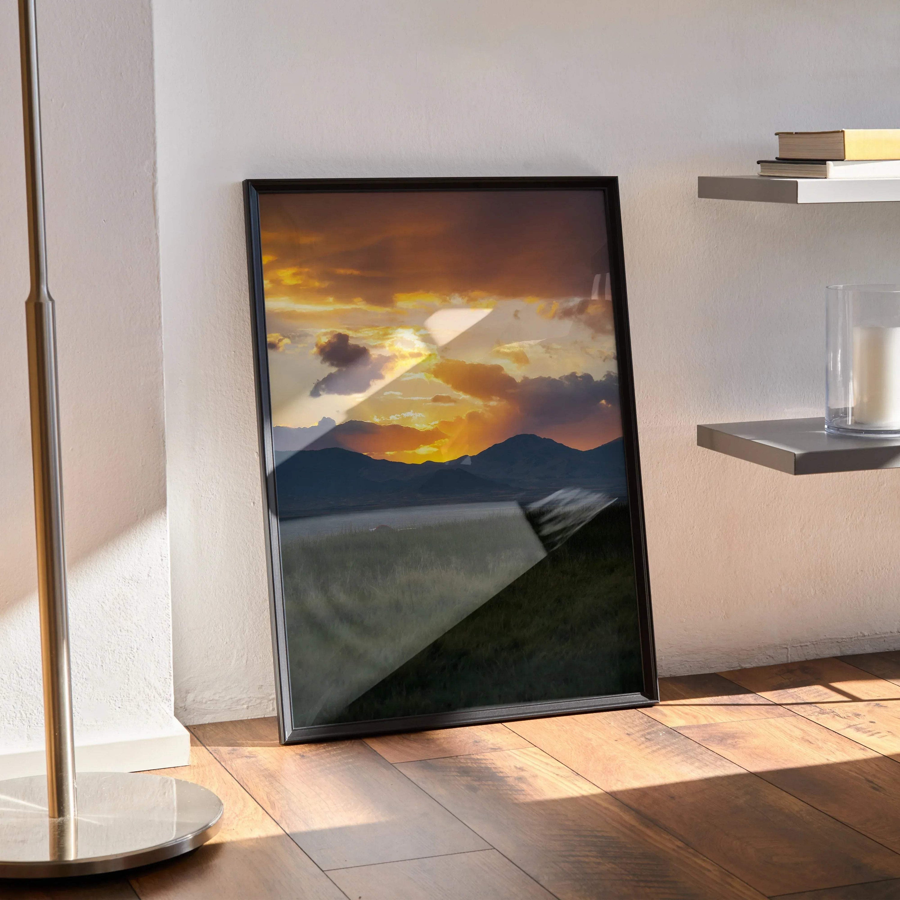 Vertical wall art poster featuring a majestic mountain sunset with vibrant orange and yellow skies.