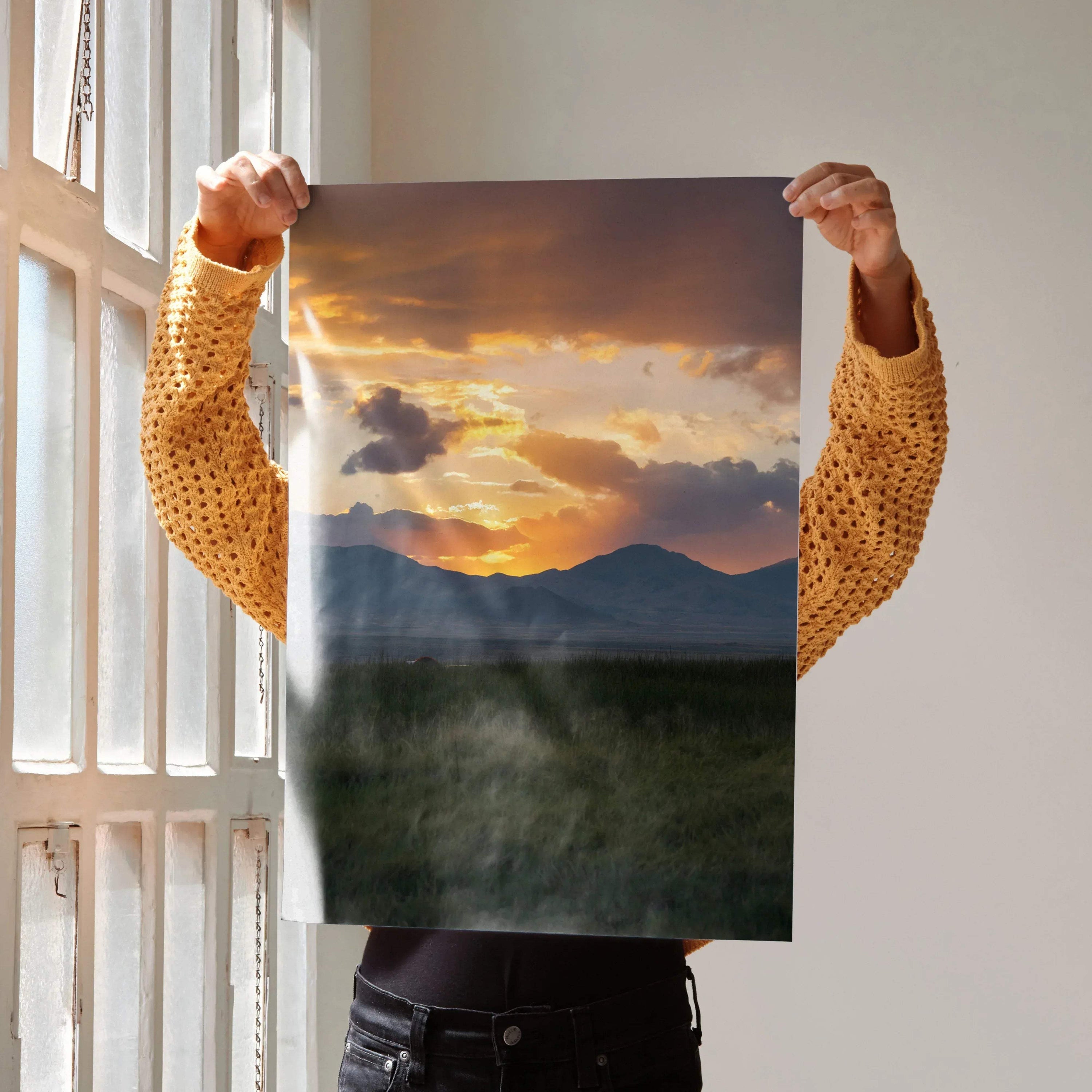 Vertical mountain sunset nature art poster with golden clouds and dark silhouette, wall art print.