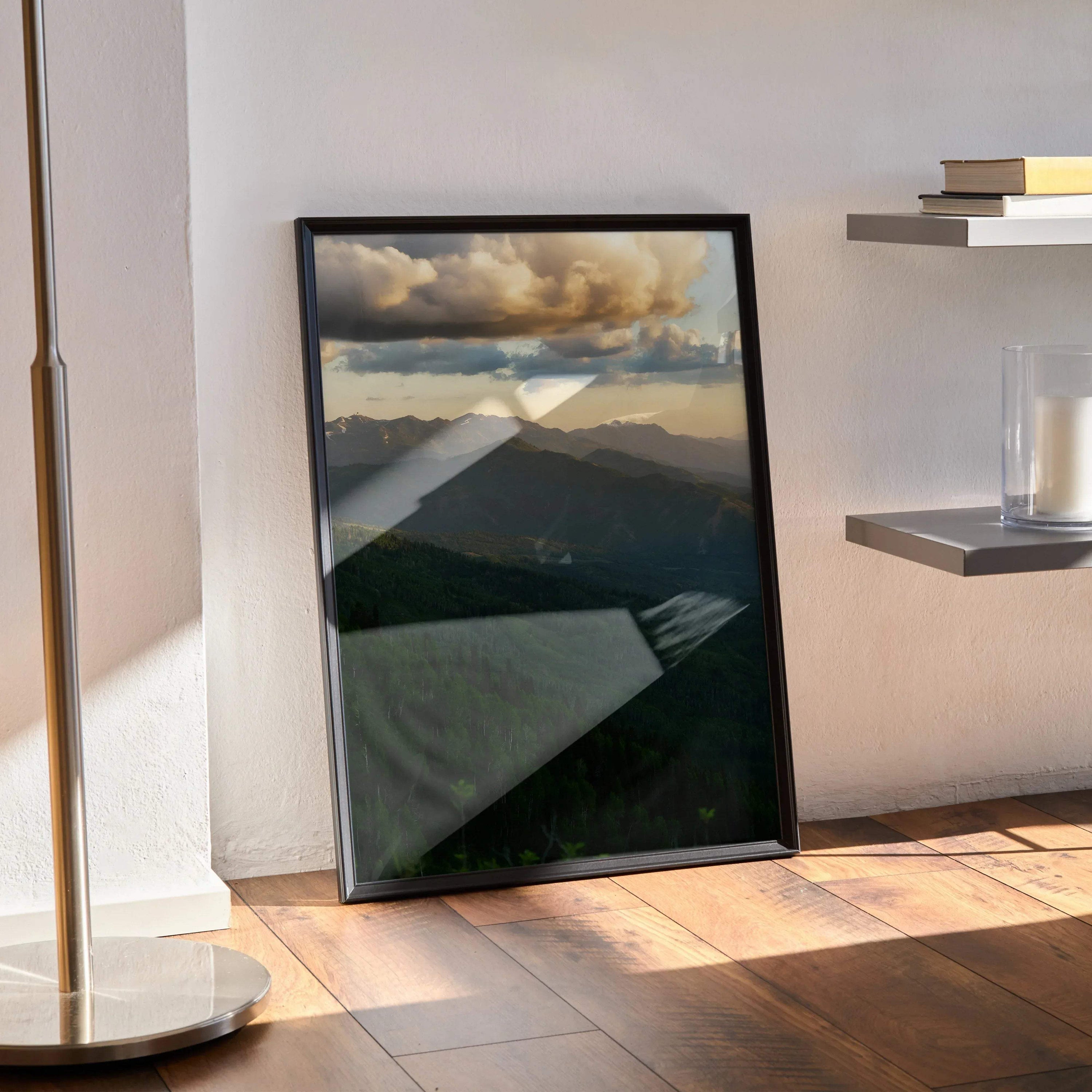 Vertical mountain sunset poster with dramatic clouds and layered peaks, nature wall art.