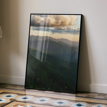 Vertical mountain sunset poster with layered peaks and dramatic clouds wall art.