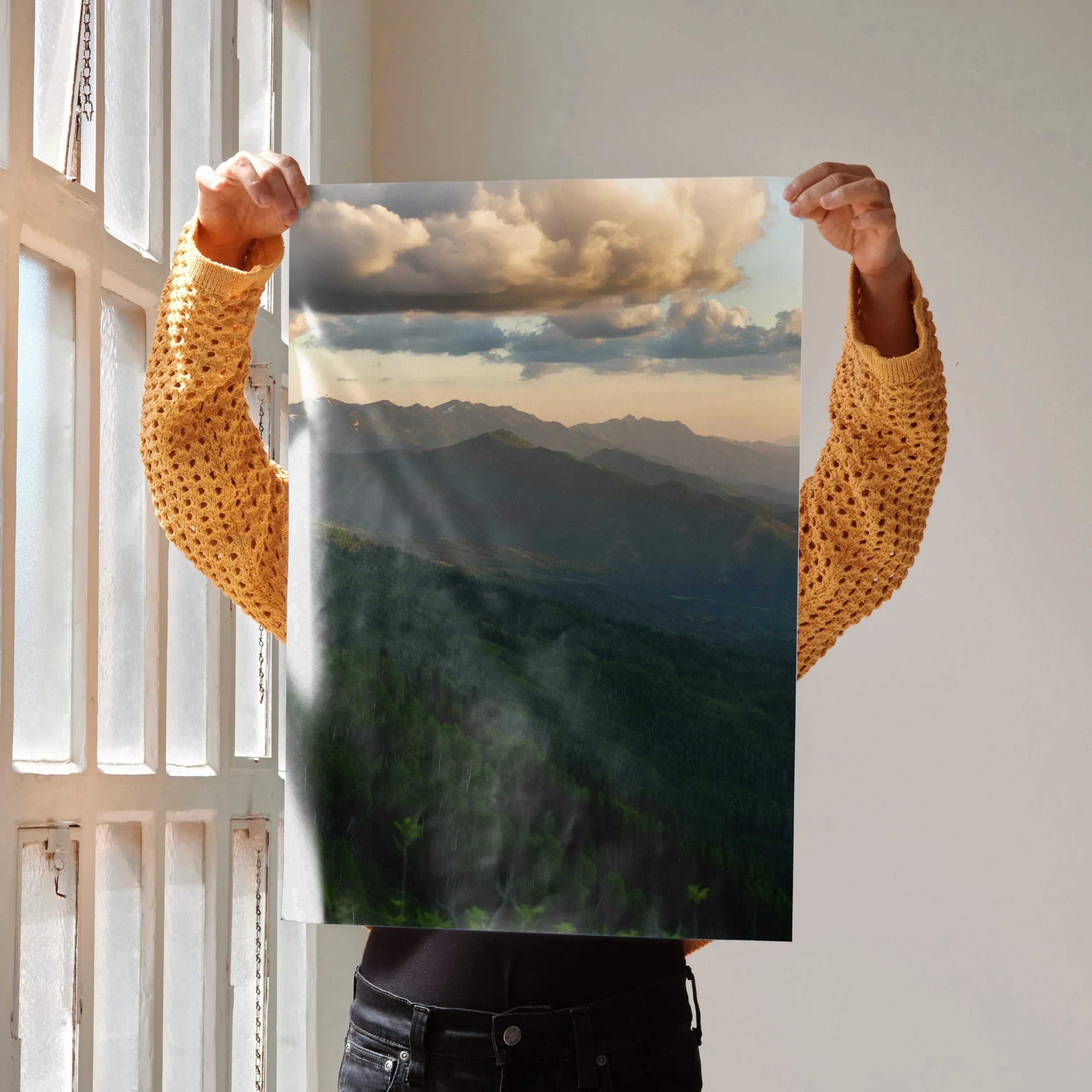 Vertical poster featuring breathtaking mountain sunset with layered peaks and dramatic clouds, nature wall art.