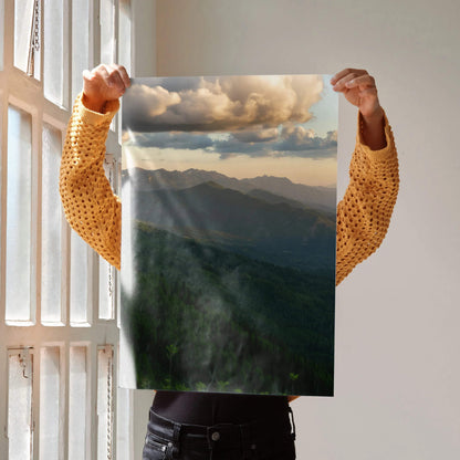 Vertical poster featuring breathtaking mountain sunset with layered peaks and dramatic clouds, nature wall art.