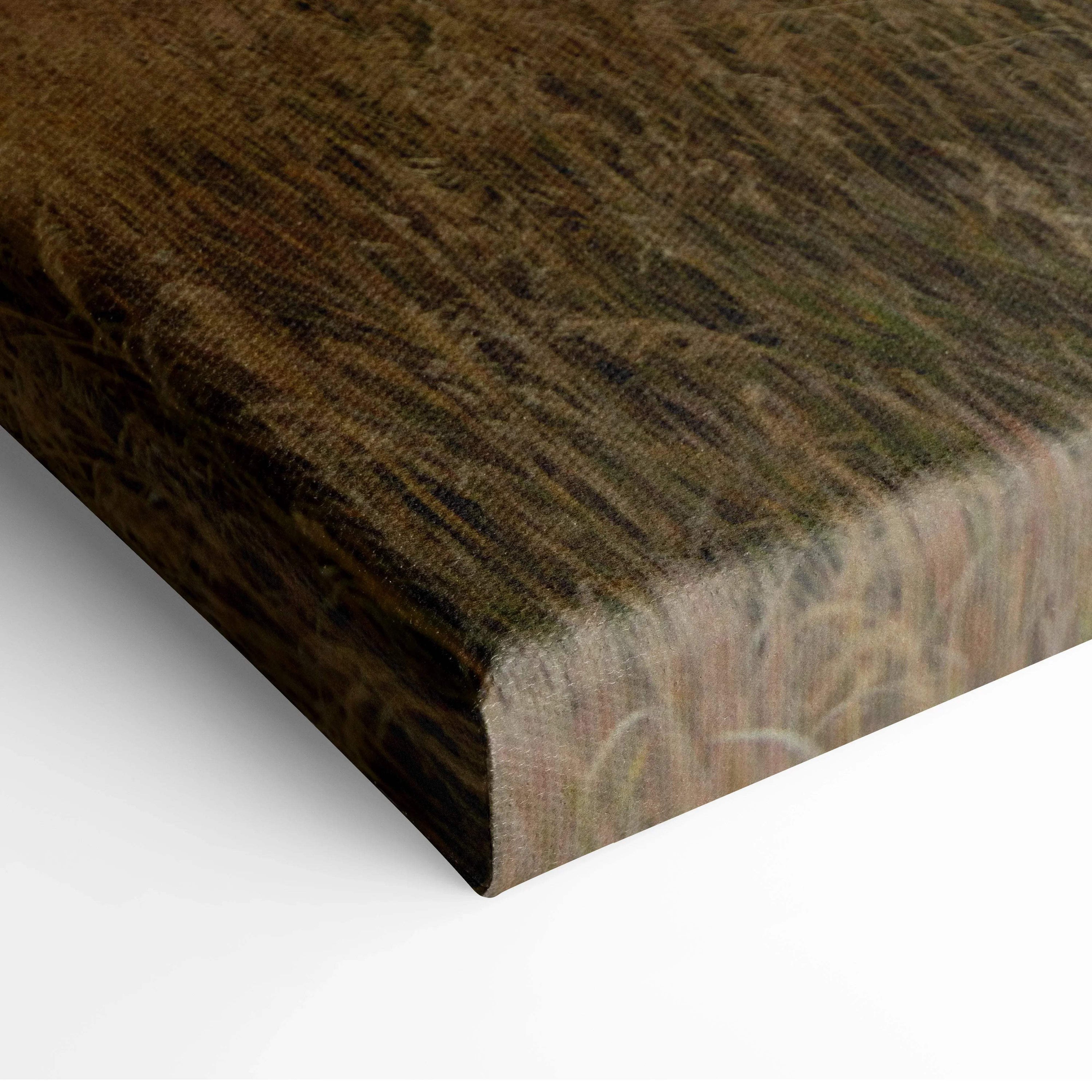 Close-up of textured canvas wall art corner showing detailed brushstrokes and natural tones.