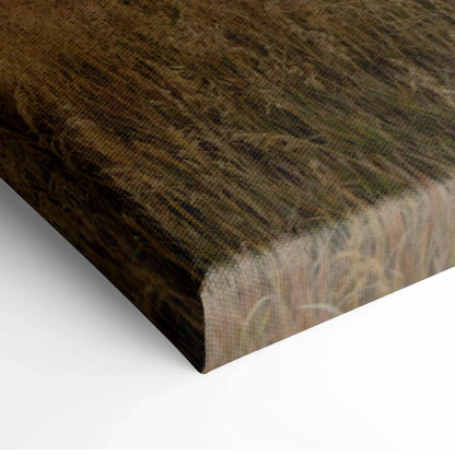 Close-up of textured canvas wall art corner showing detailed brushstrokes and natural tones.