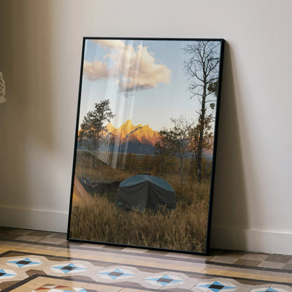 Majestic Mountains sunset wall art poster with tent and autumn trees in vertical frame.