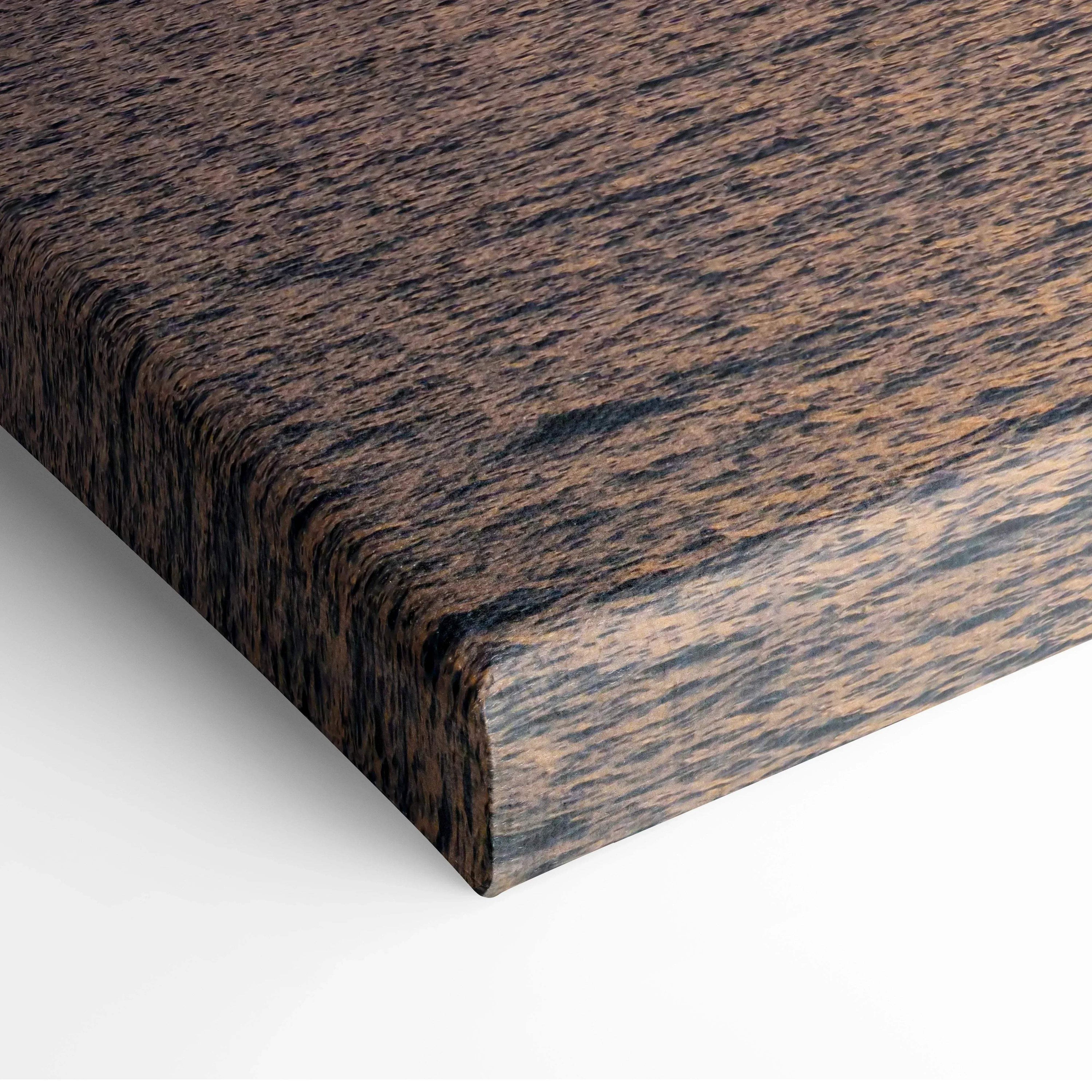 Close-up of dark wood grain texture canvas corner wall art with rich brown tones.