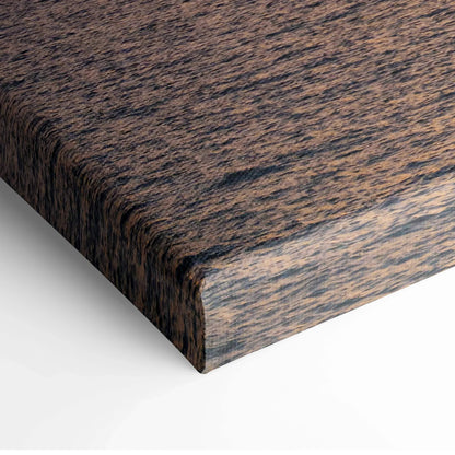 Close-up of dark wood grain texture canvas corner wall art with rich brown tones.