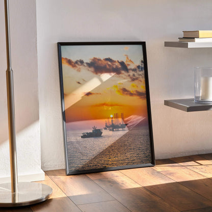 Vibrant ocean sunset poster with colorful sky and calm sea, framed vertical wall art.