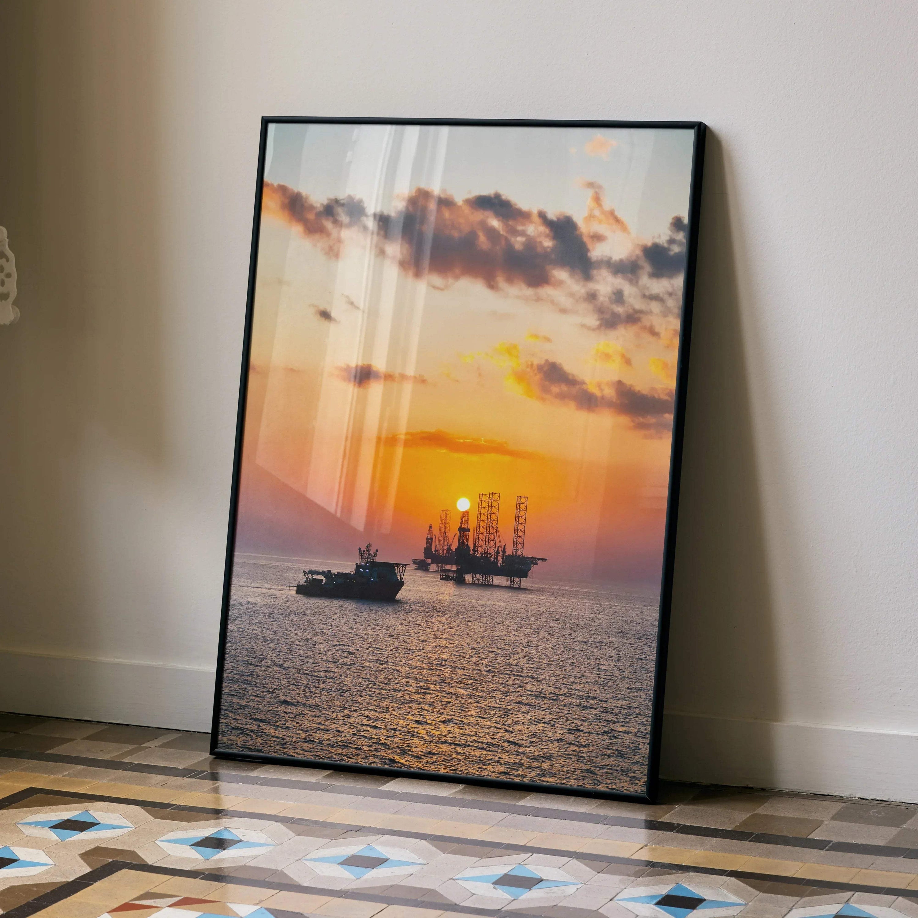 Vibrant ocean sunset poster with ships and dramatic clouds, vertical wall art print.