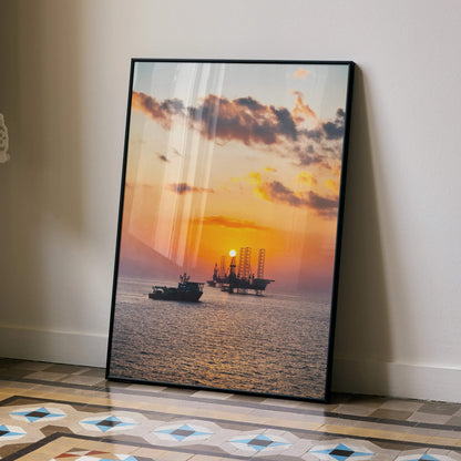 Vibrant ocean sunset poster with ships and dramatic clouds, vertical wall art print.