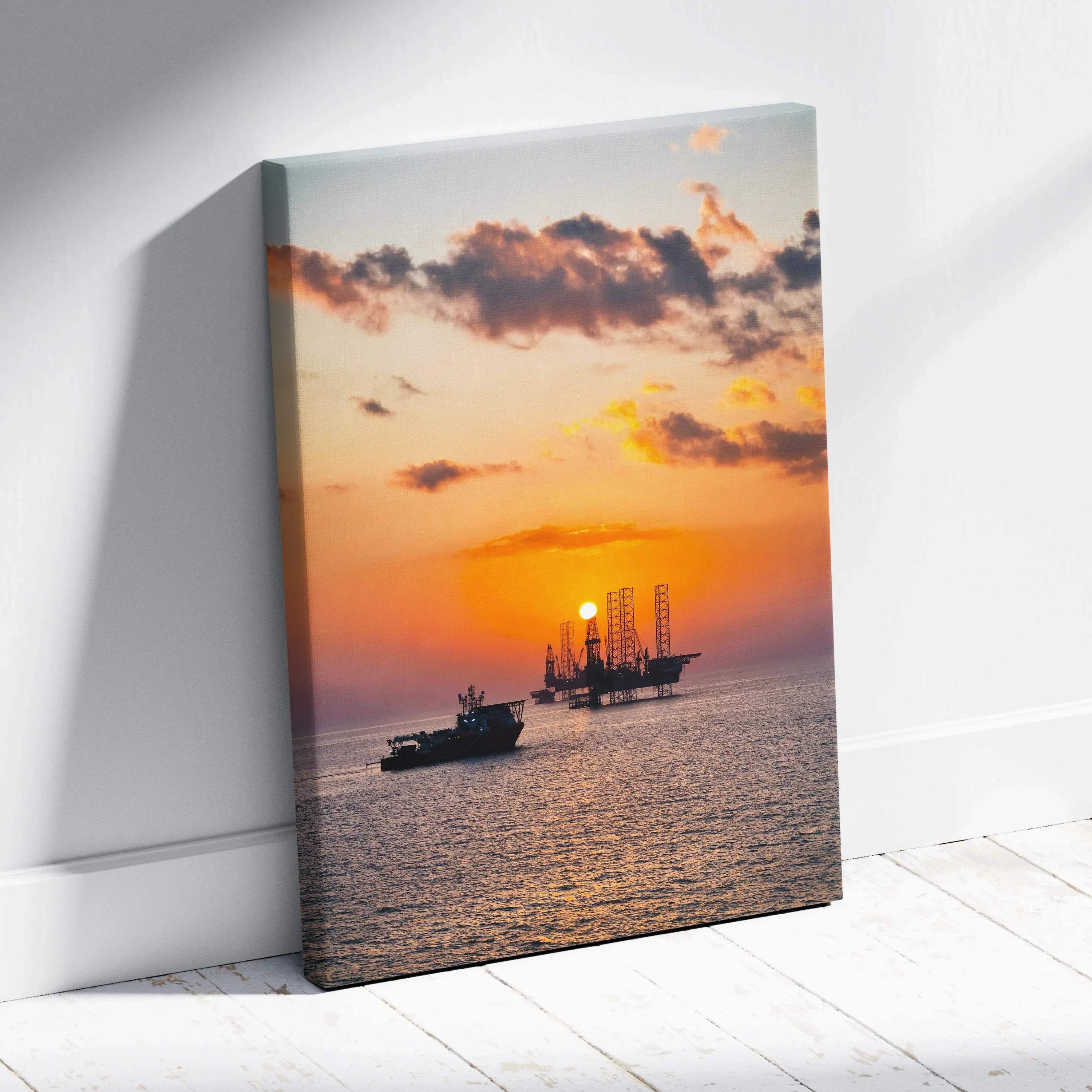 Vibrant ocean sunset canvas wall art with silhouetted boats on calm sea waters.