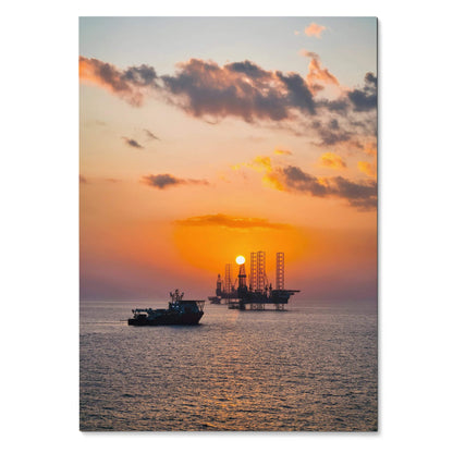 Vertical poster wall art featuring a vibrant ocean sunset with silhouetted ships on calm water.