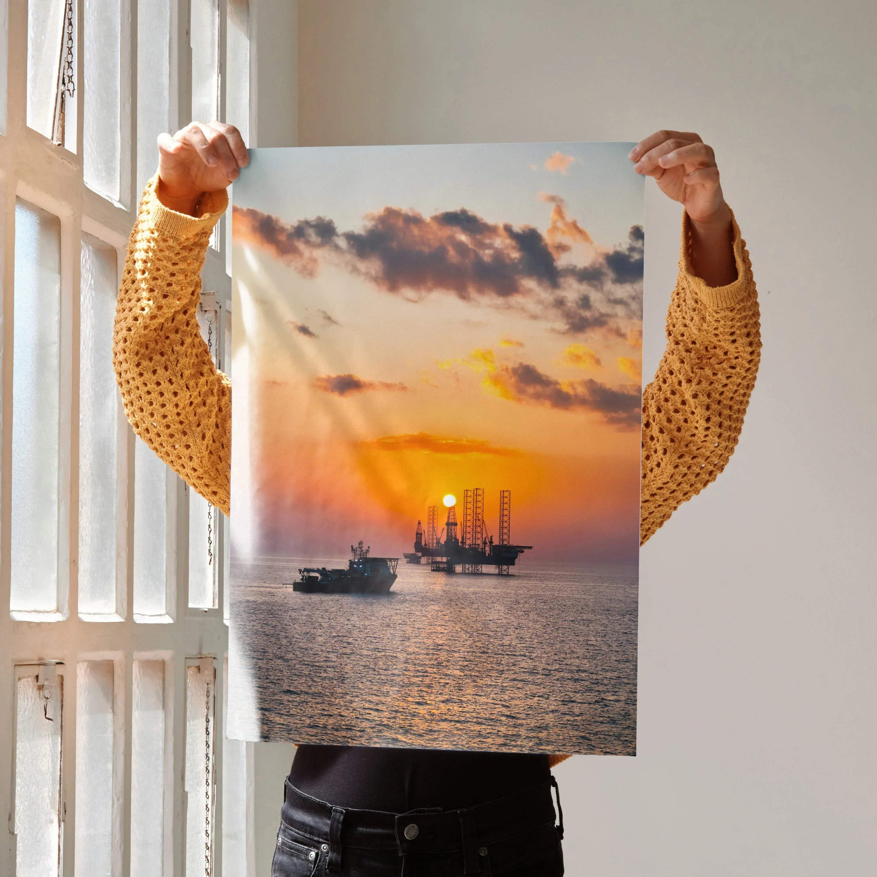 Vibrant ocean sunset poster with silhouetted ships and glowing sun over calm water wall art.
