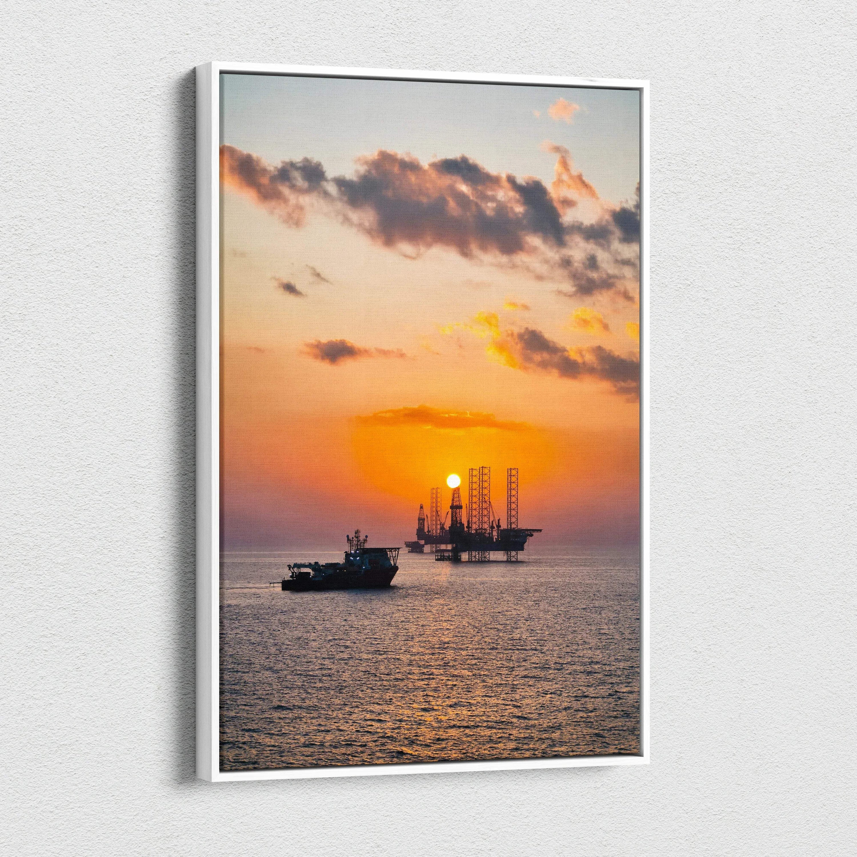 Vertical canvas wall art of vibrant ocean sunset with boats and colorful sky.