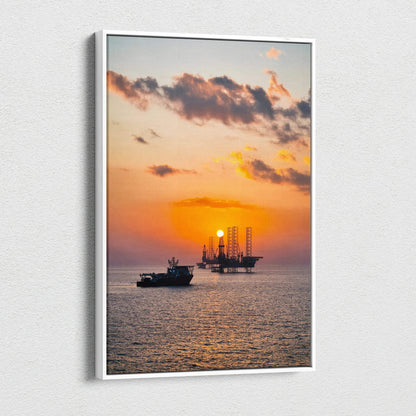Vertical canvas wall art of vibrant ocean sunset with boats and colorful sky.