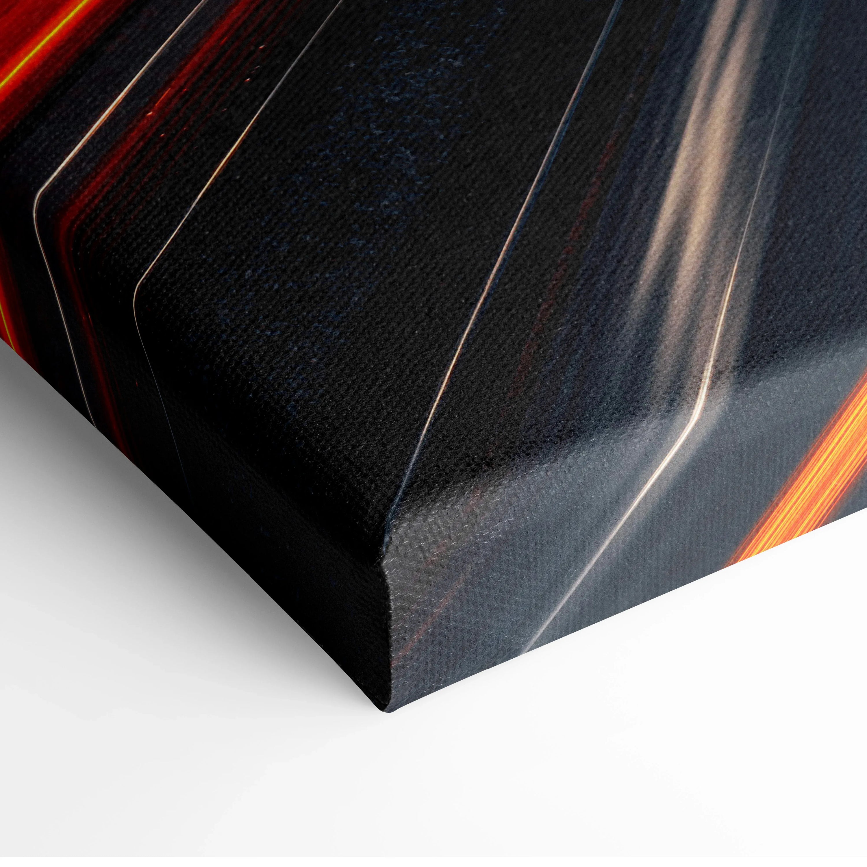 Close-up of vibrant urban cityscape canvas wall art corner with dark tones and bright orange highlights.