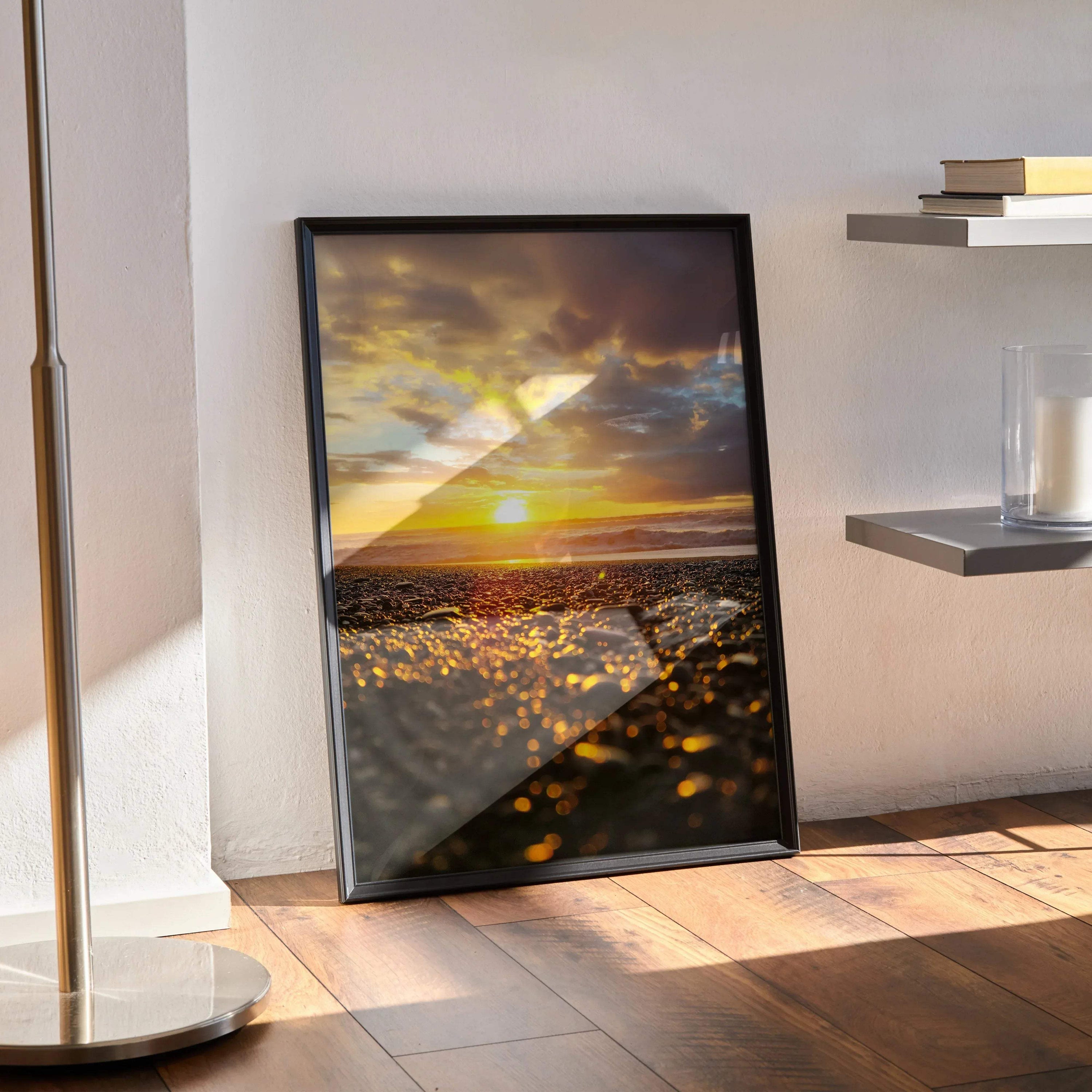 Vertical ocean sunset beach poster with warm golden light and reflective water as wall art.