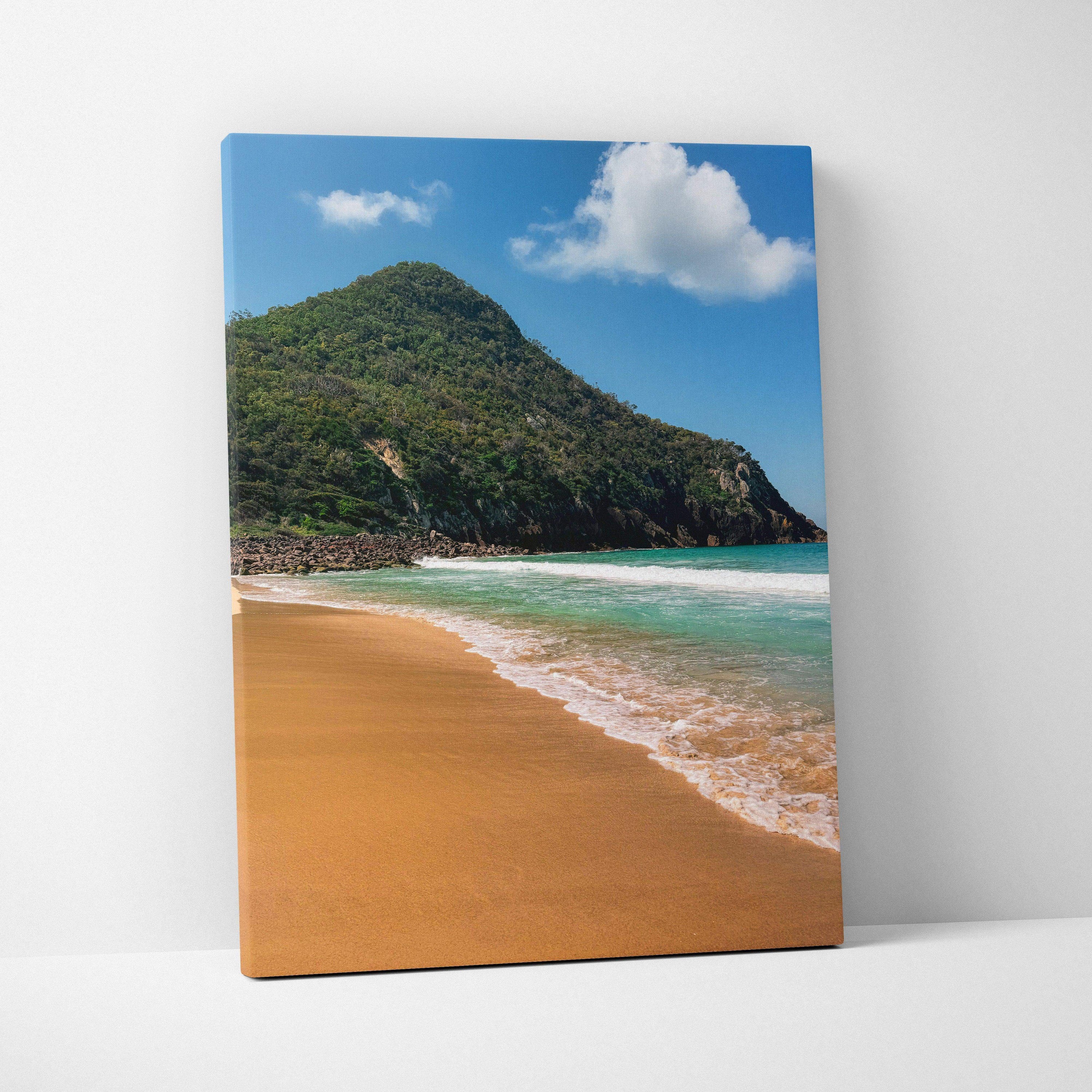Beach mountain landscape with golden sand and blue sky on canvas wall art.