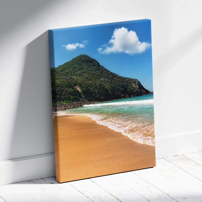 Beach and mountain landscape canvas wall art with golden sand and blue sky.