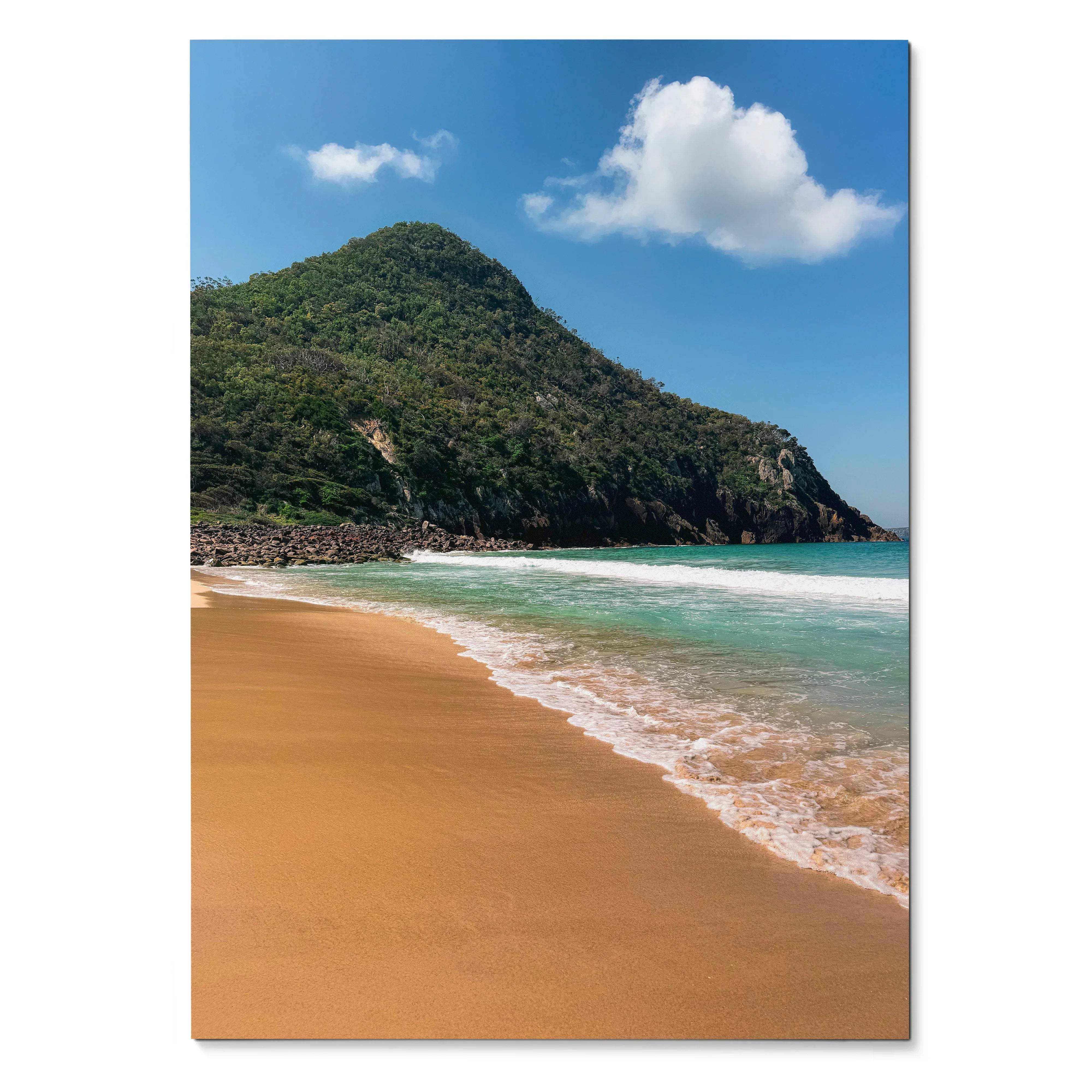 Serene beach scene poster with turquoise ocean, golden sand, and green hill against blue sky wall art.