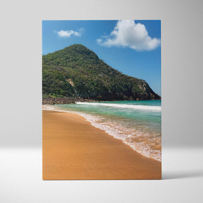 Beach and mountain landscape with blue sky on canvas wall art.