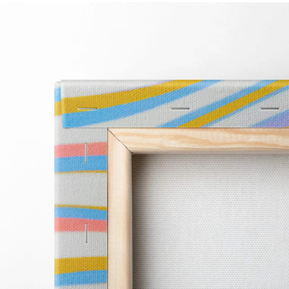 Abstract wavy stripe canvas wall art in yellow blue pink white retro modern playful mood