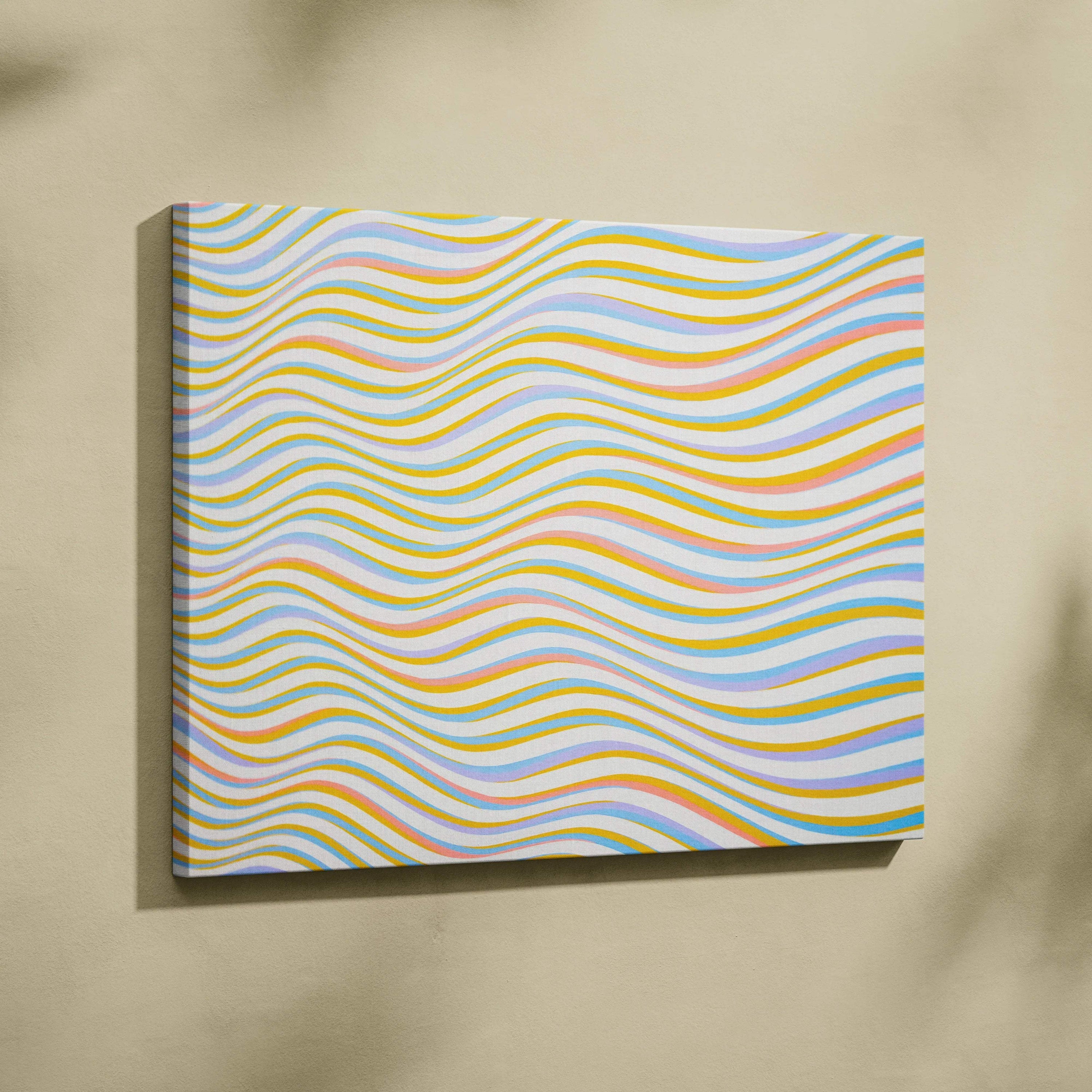 Abstract wavy stripe canvas wall art in pastel yellow pink blue green white