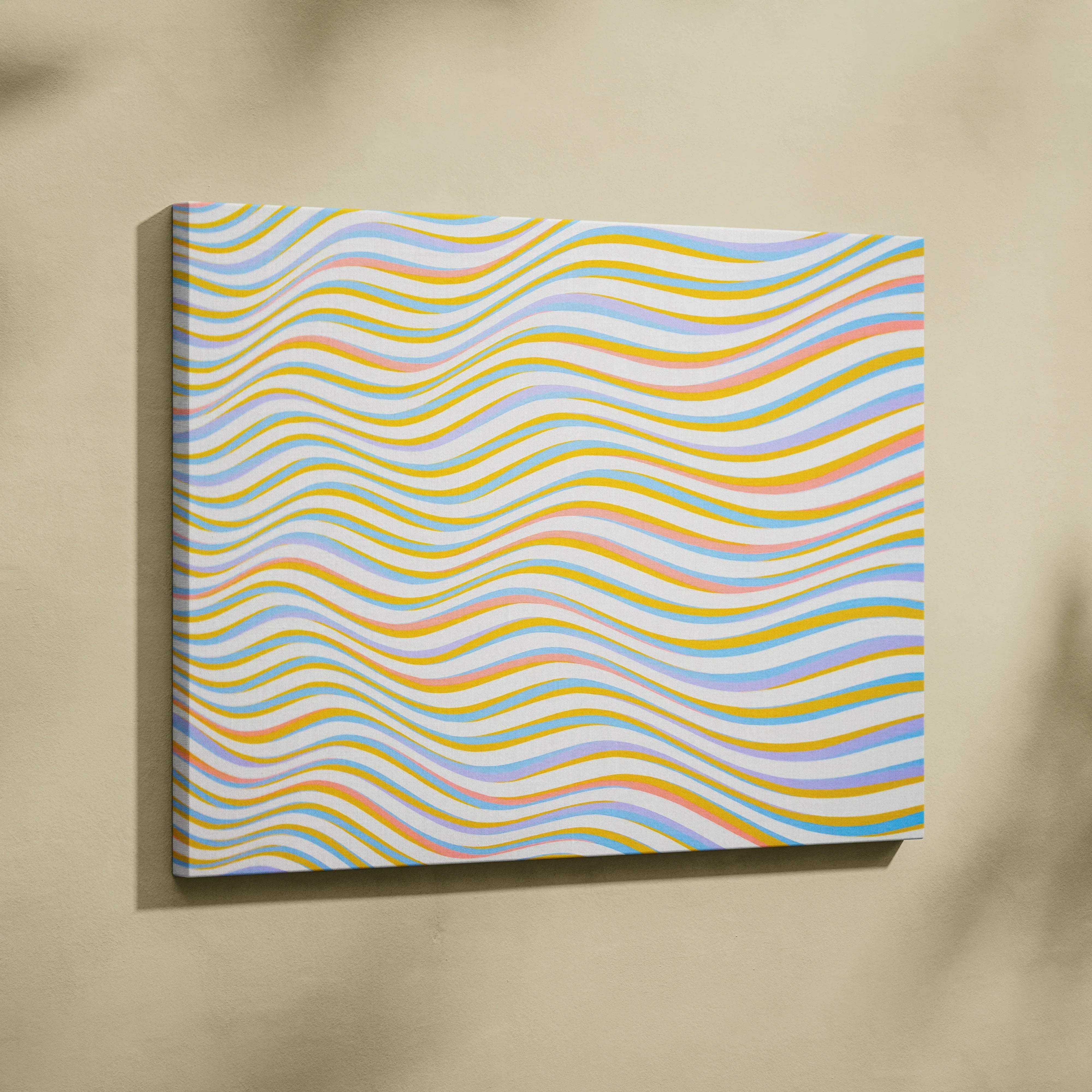 Abstract wavy stripe canvas wall art in pastel yellow pink blue green white