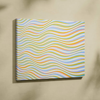 Abstract wavy stripe canvas wall art in pastel yellow pink blue green white