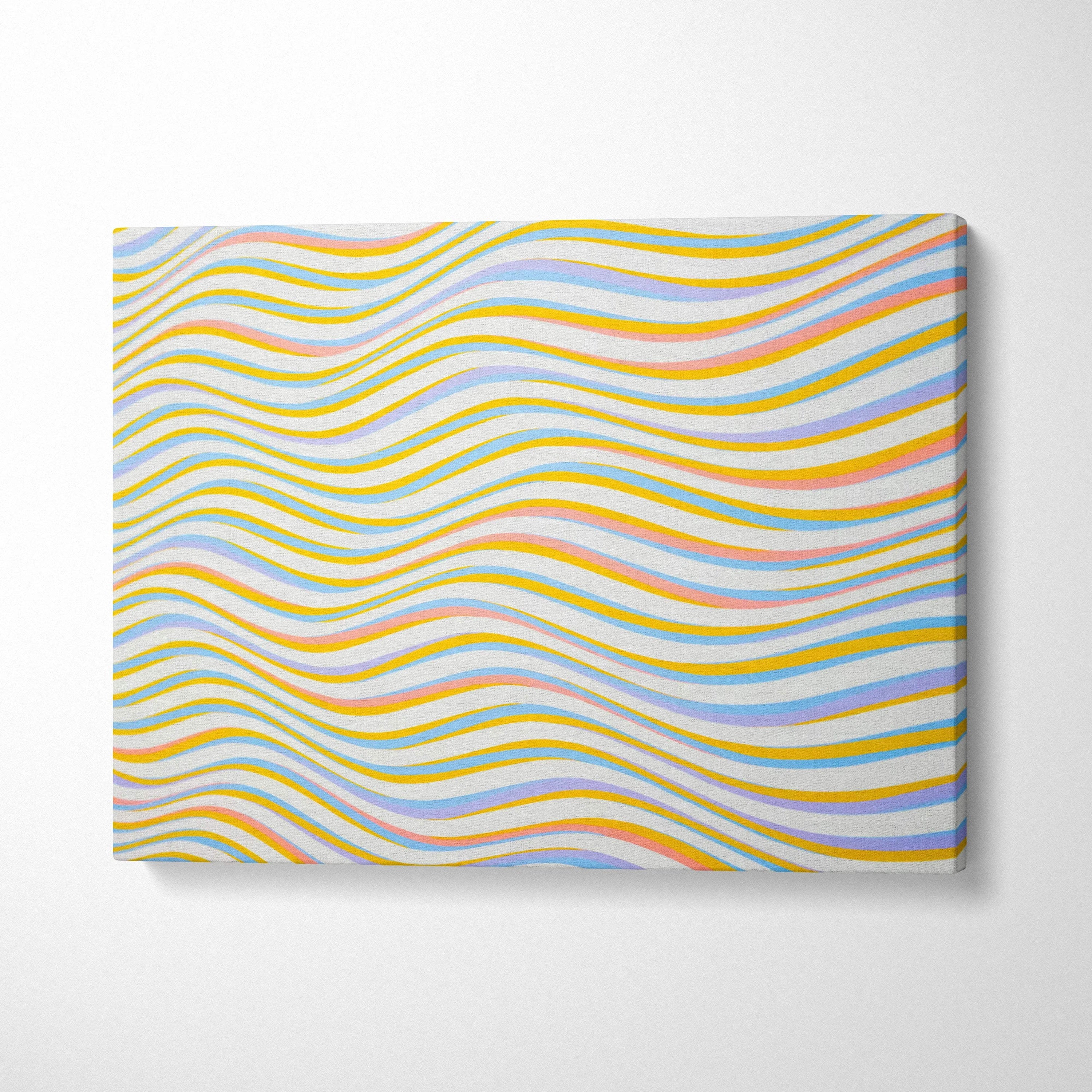 Abstract wavy stripe canvas wall art in yellow blue pink white