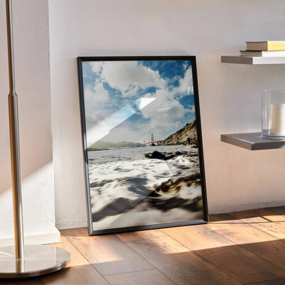 Golden Gate Bridge beach scene poster with ocean waves and cloudy sky, vertical wall art.