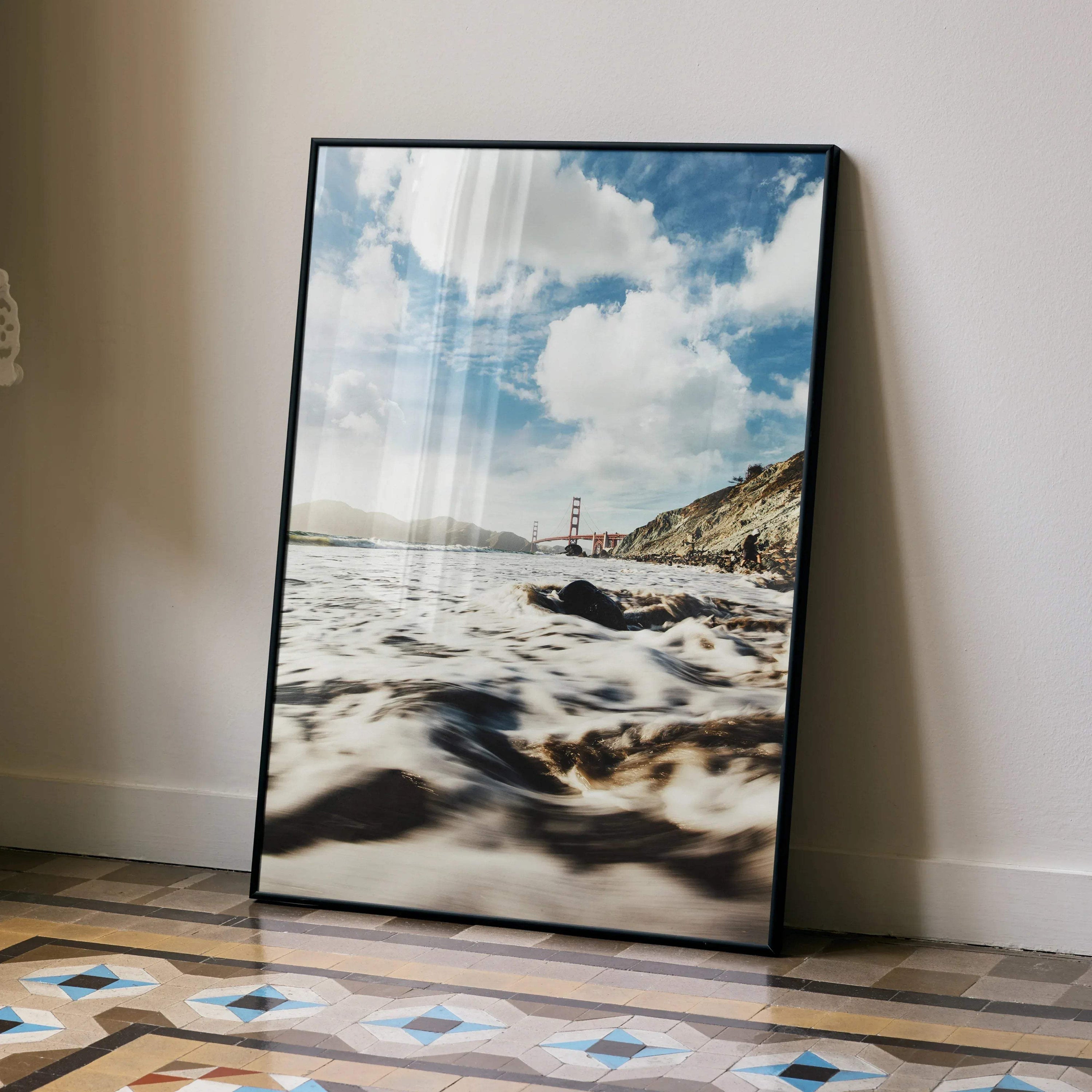 Golden Gate Bridge beach scene poster with ocean waves and cloudy sky wall art.