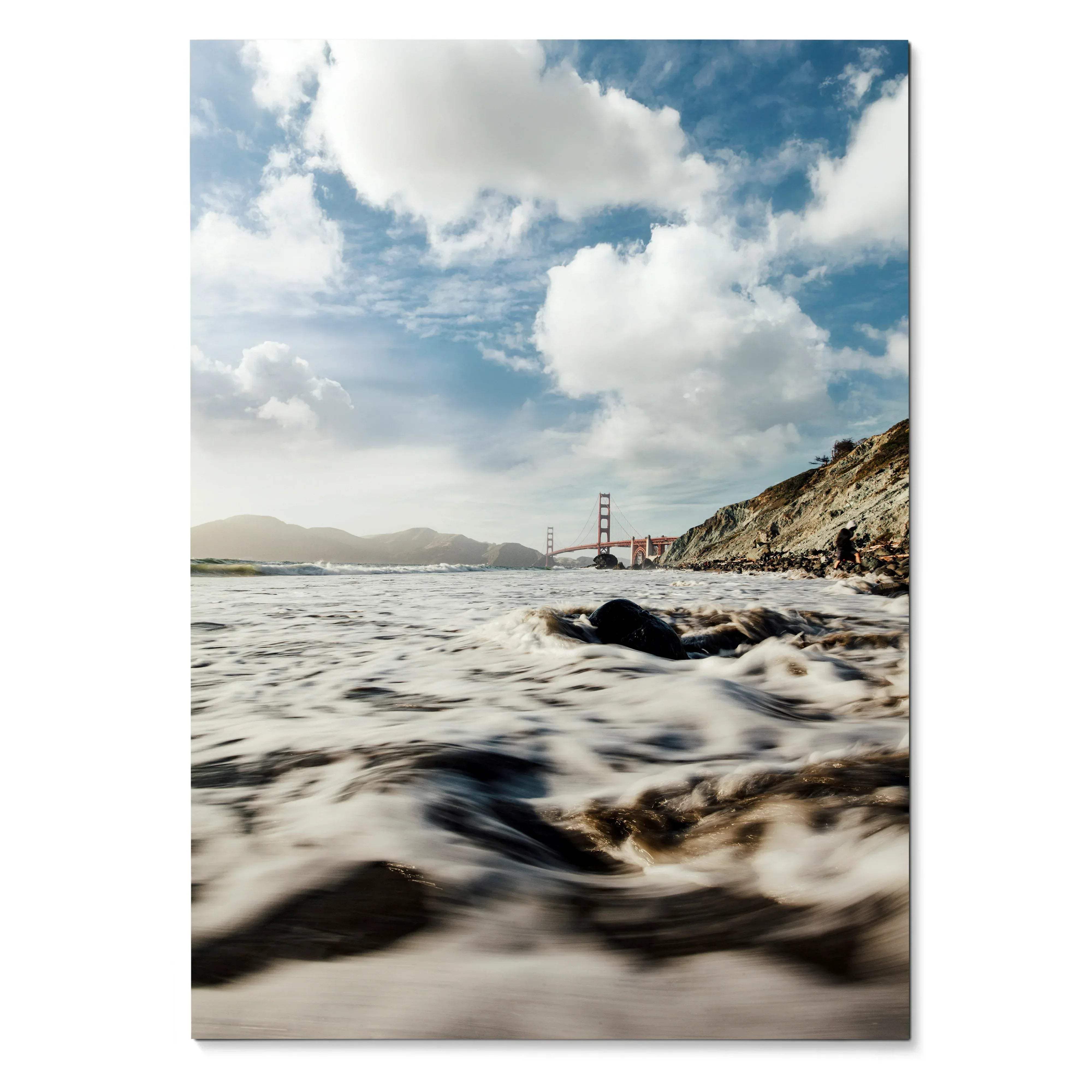Vertical poster of Golden Gate Bridge with ocean waves and cloudy sky, nature wall art.