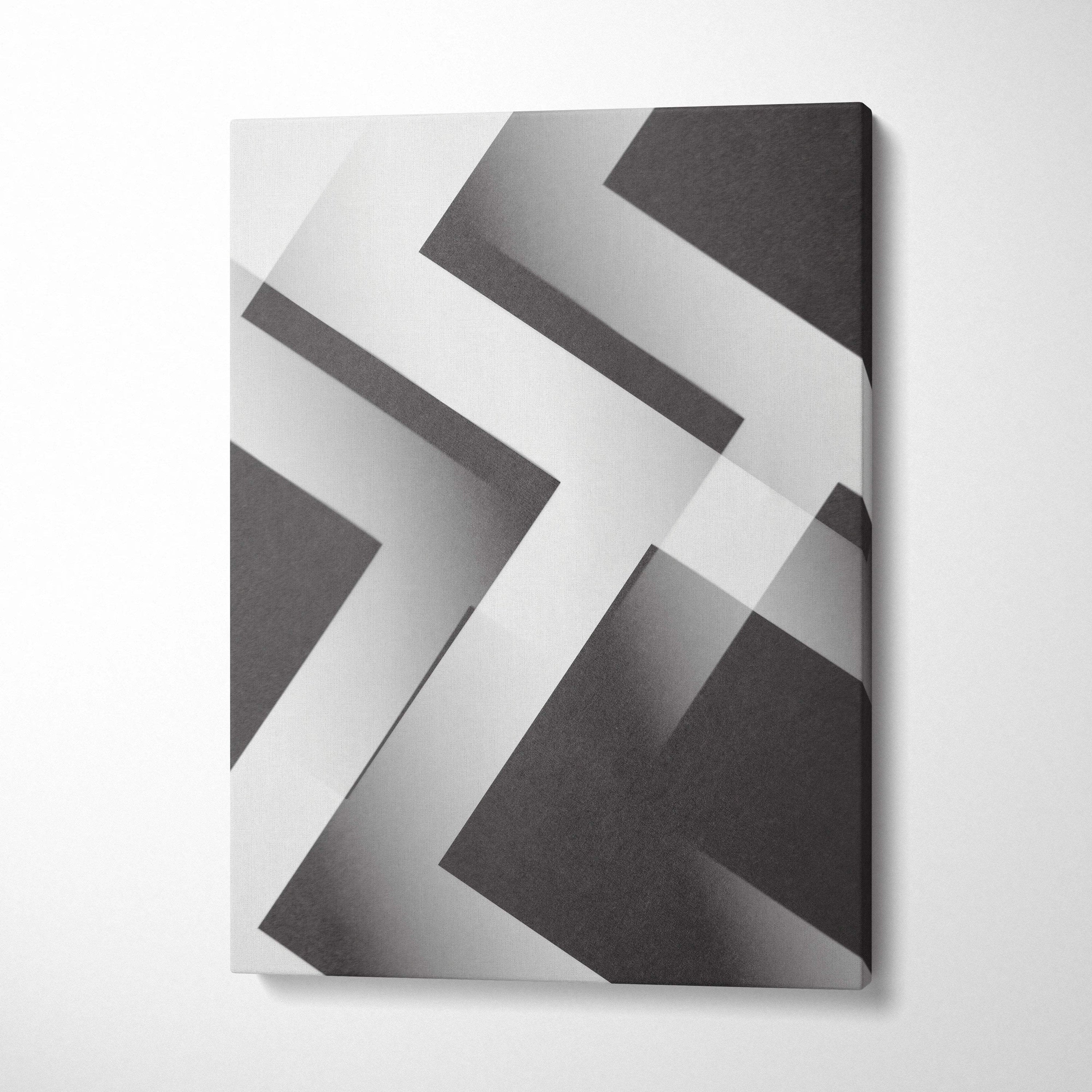 Modern geometric abstraction canvas art with overlapping monochrome gradient lines