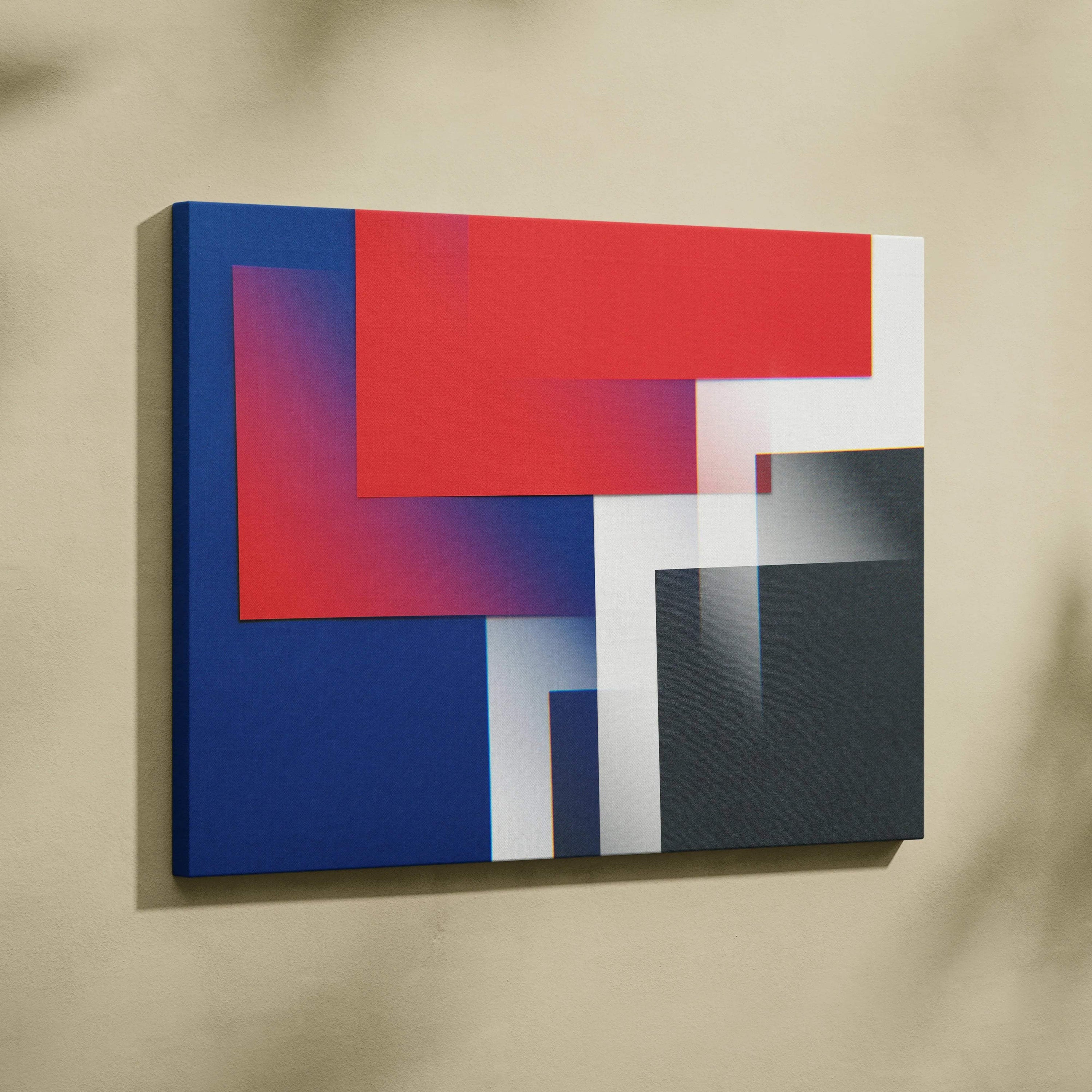 Modern minimalist canvas art with bold red blue white gray geometric blocks