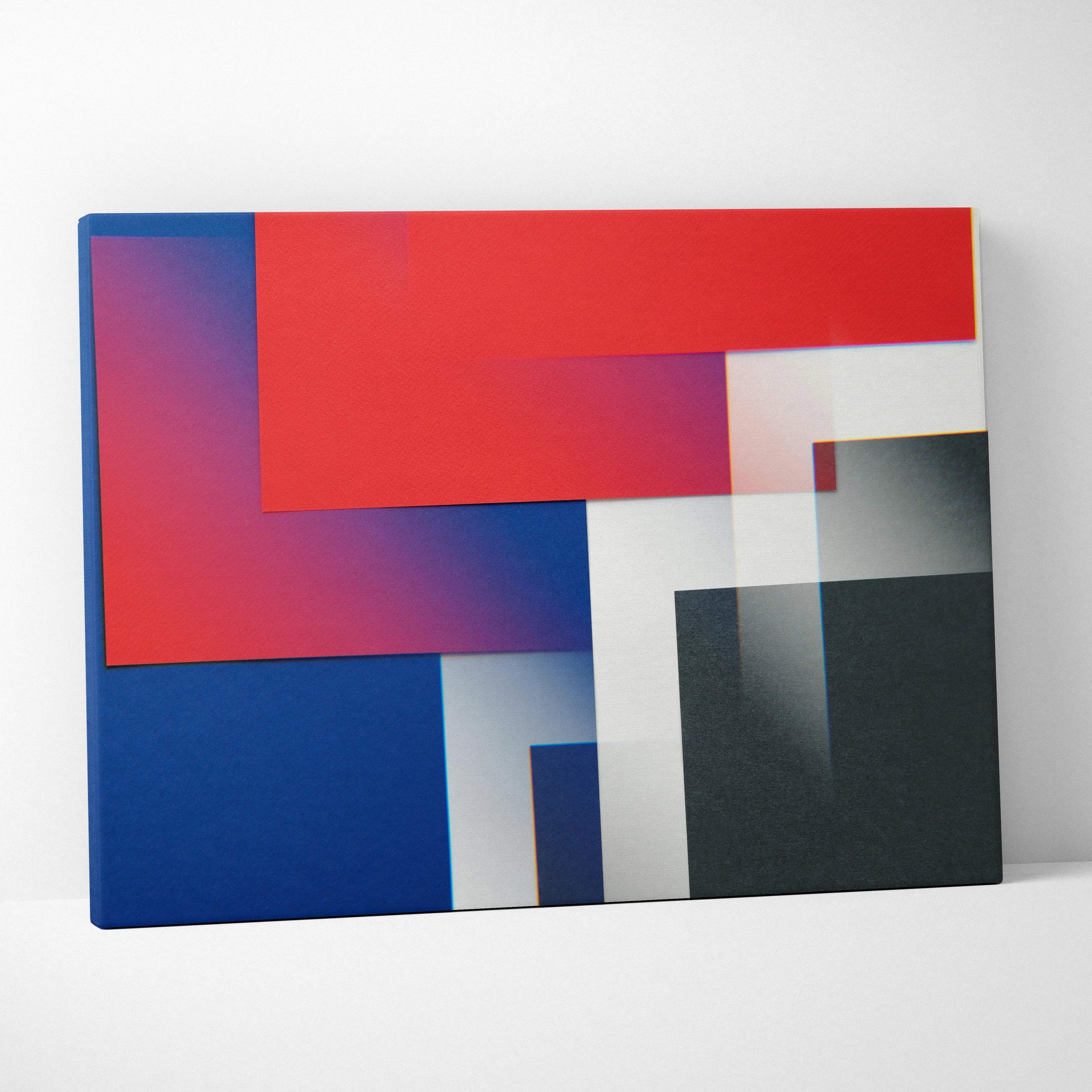 Modern minimalist canvas wall art with bold geometric rectangles in red, blue, black, white