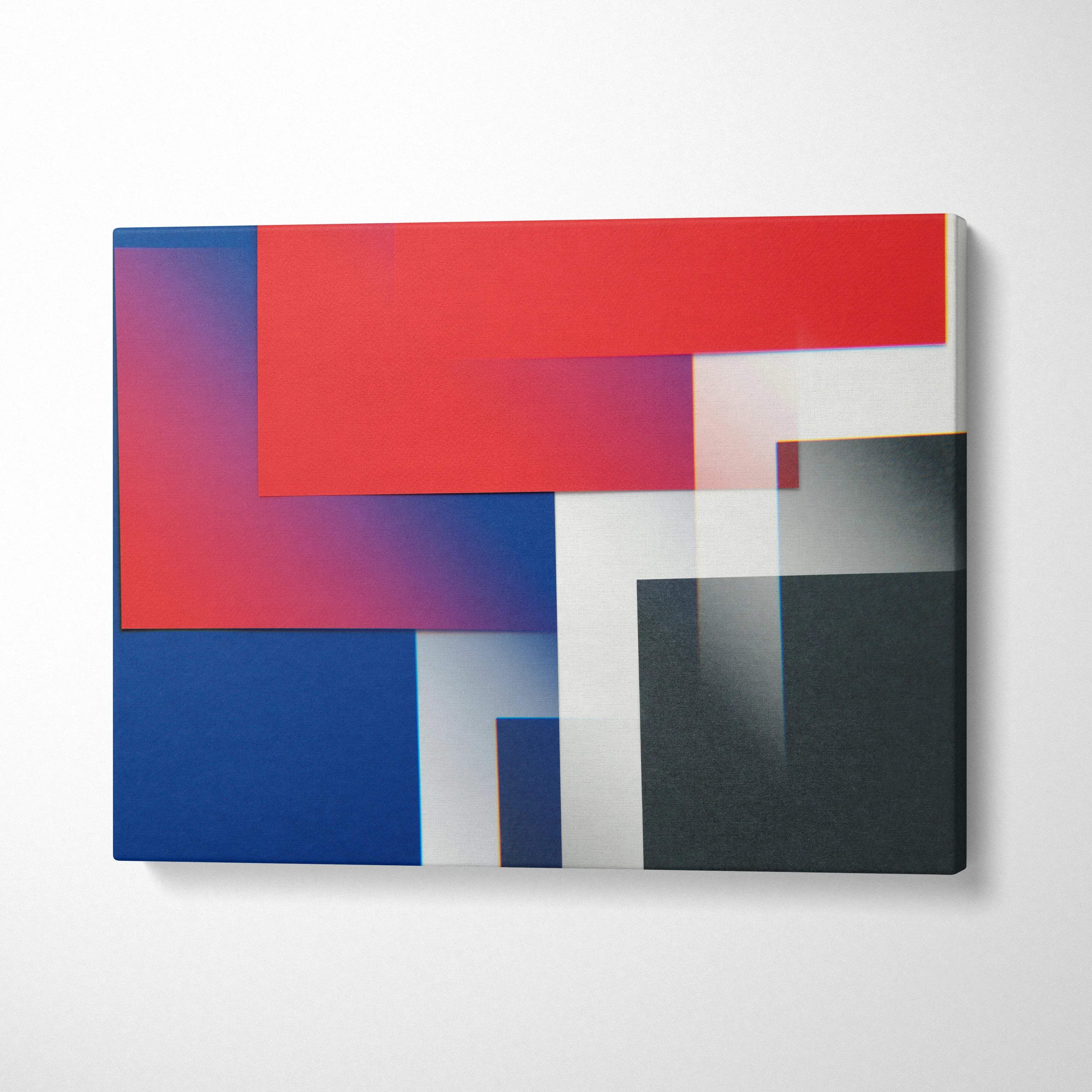 Modern minimalist canvas wall art with bold red blue black white geometric rectangles