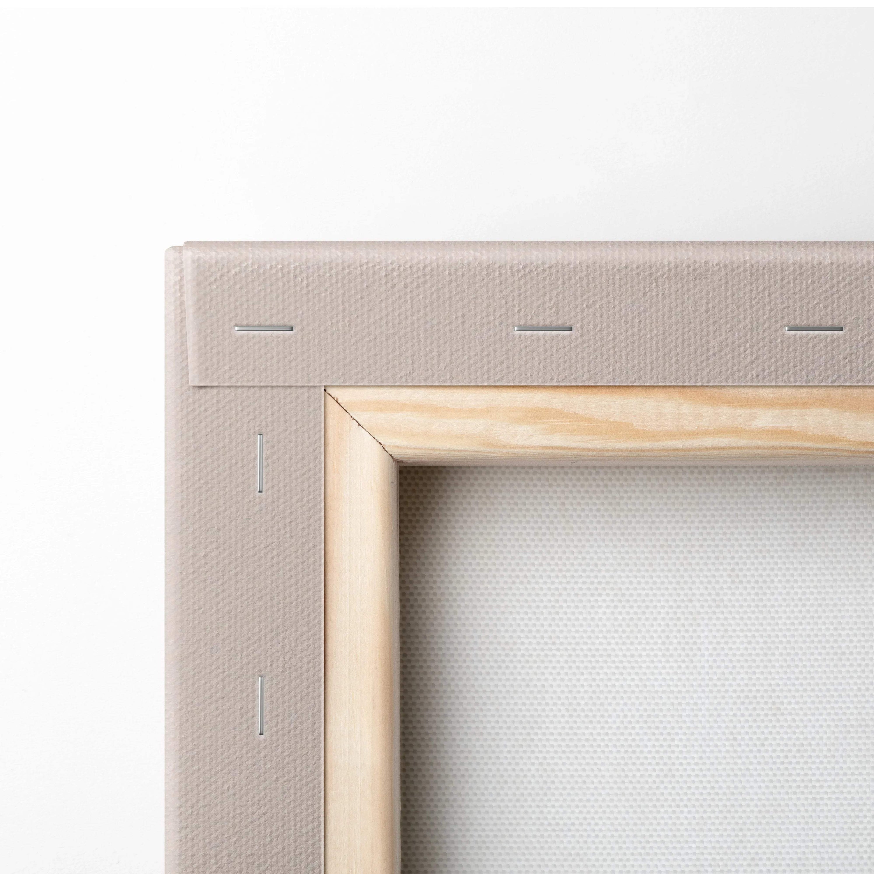 Minimal abstract beige cream blue geometry canvas in light wood frame