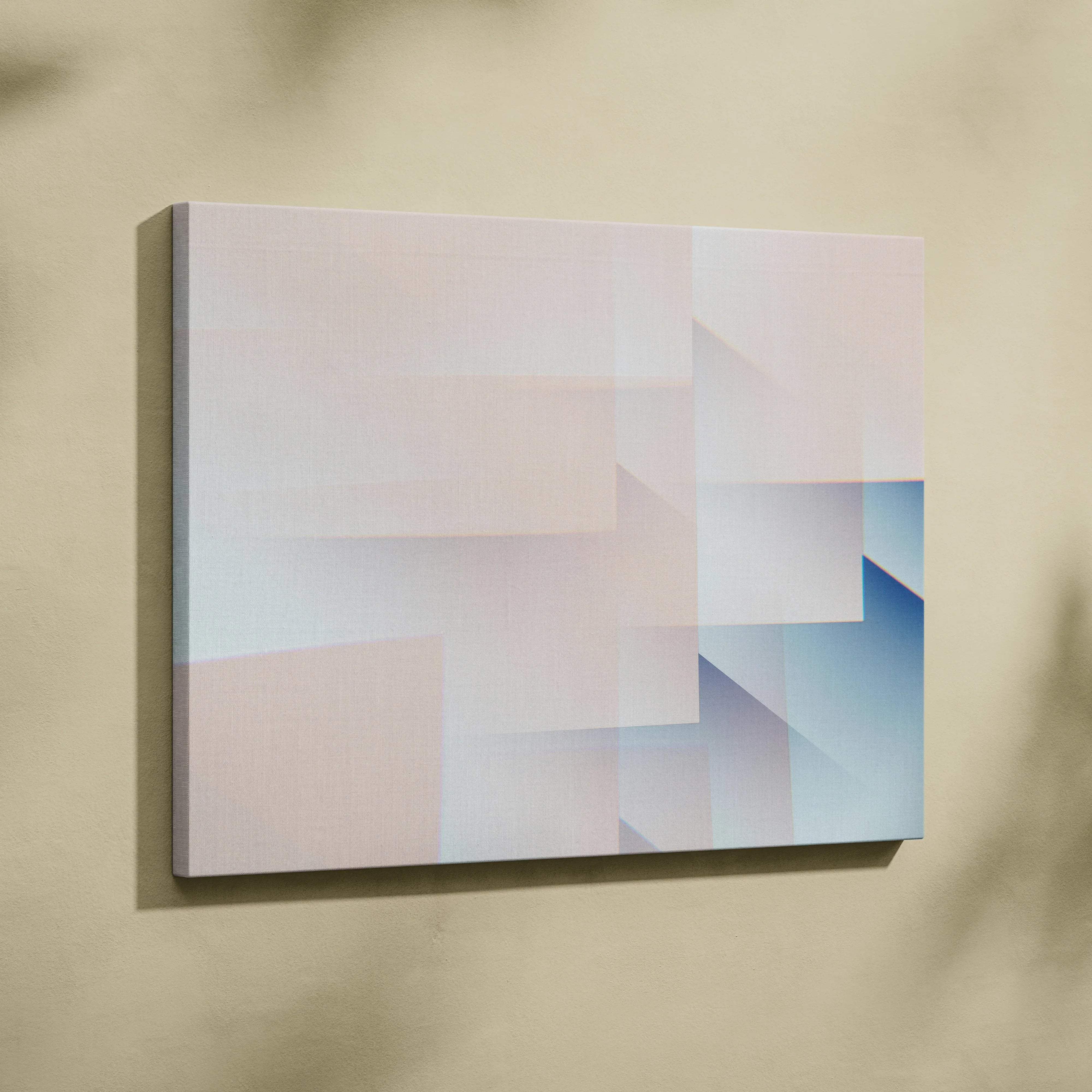Minimal abstract geometry canvas wall art with layered translucent rectangles in beige cream muted blue pink