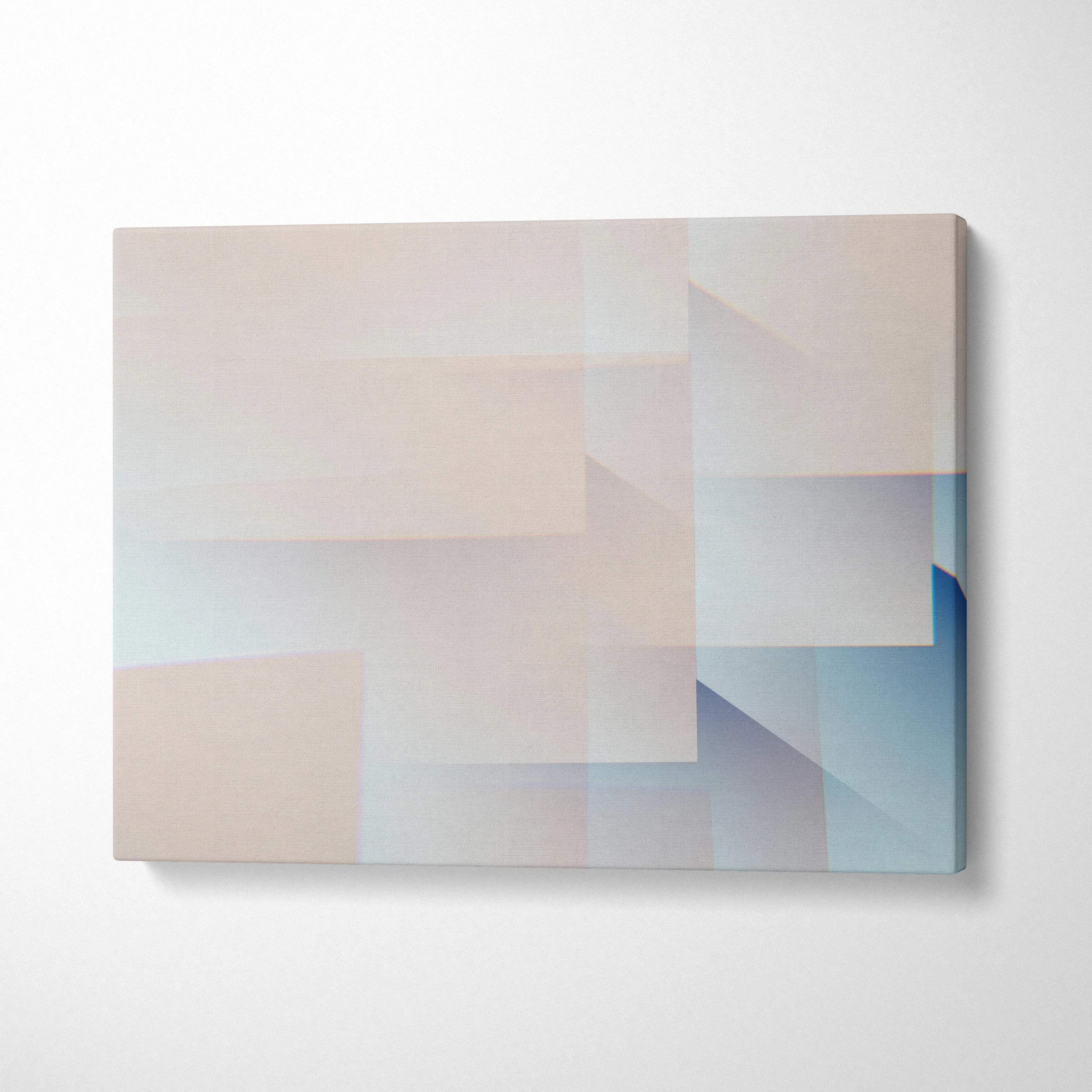 Minimal abstract geometry canvas wall art with layered translucent beige blue rectangles