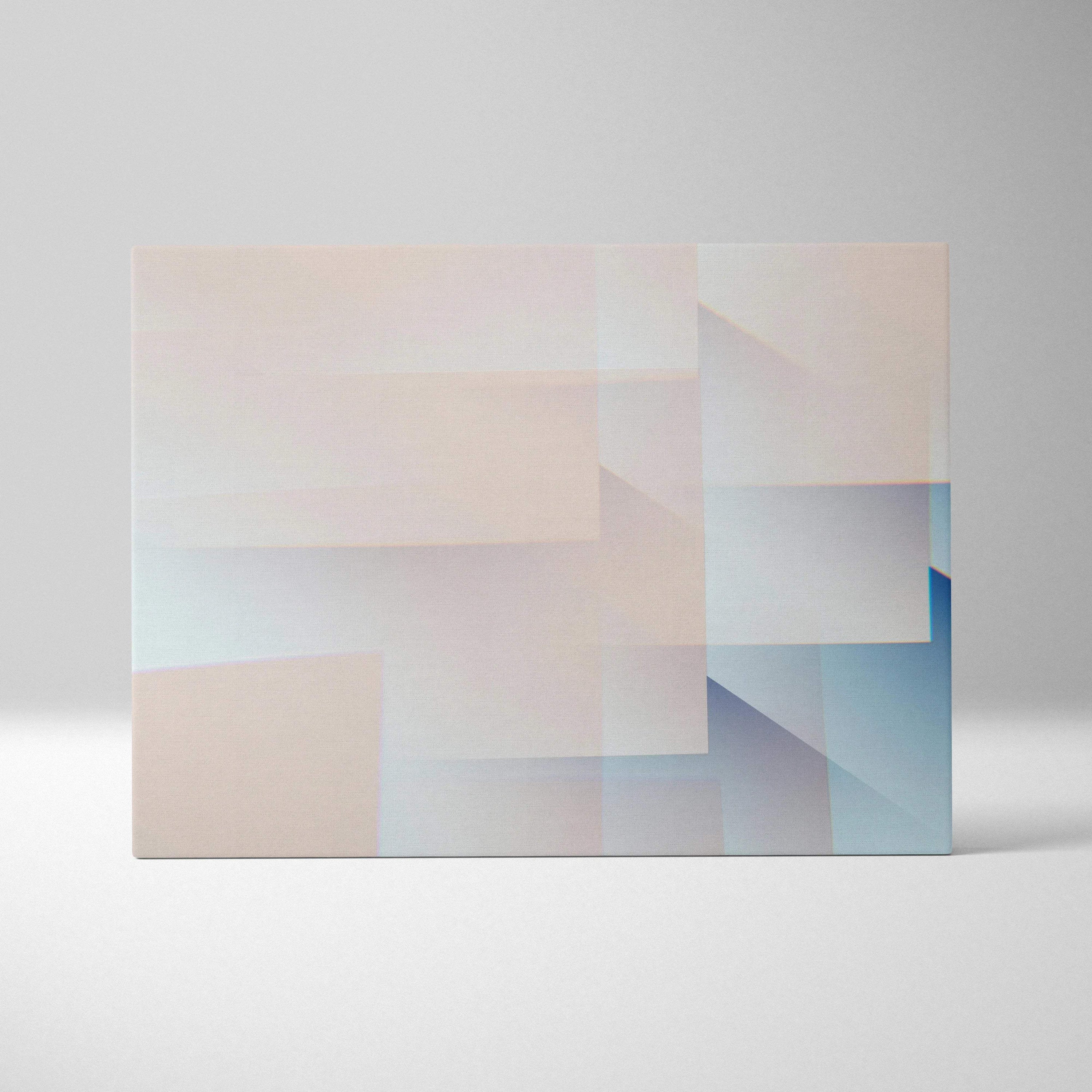 Minimal abstract geometry canvas art with layered translucent rectangles in beige cream and muted blue