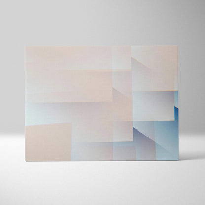 Minimal abstract geometry canvas art with layered translucent rectangles in beige cream and muted blue