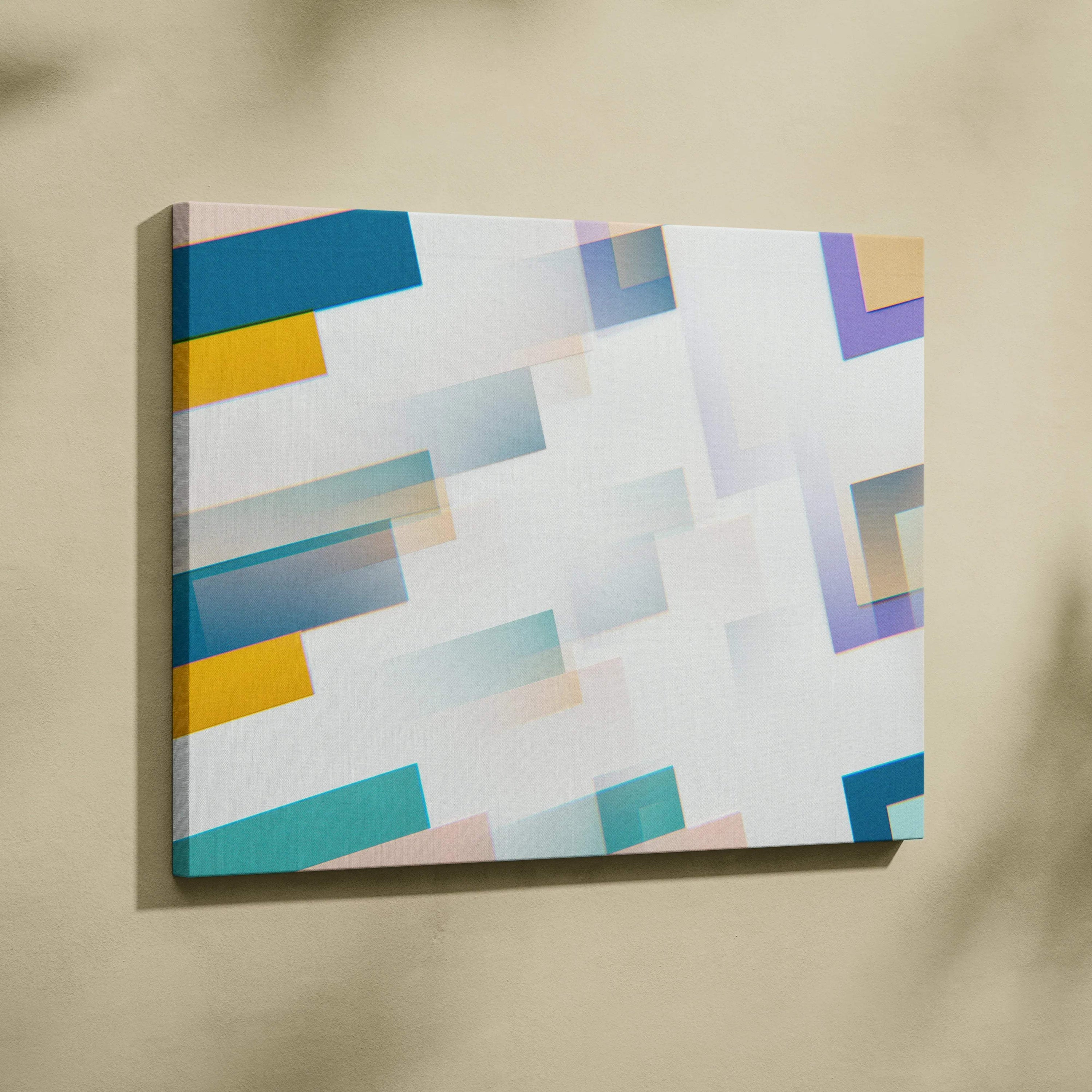 Modern abstract canvas with layered teal yellow purple rectangles and gradients